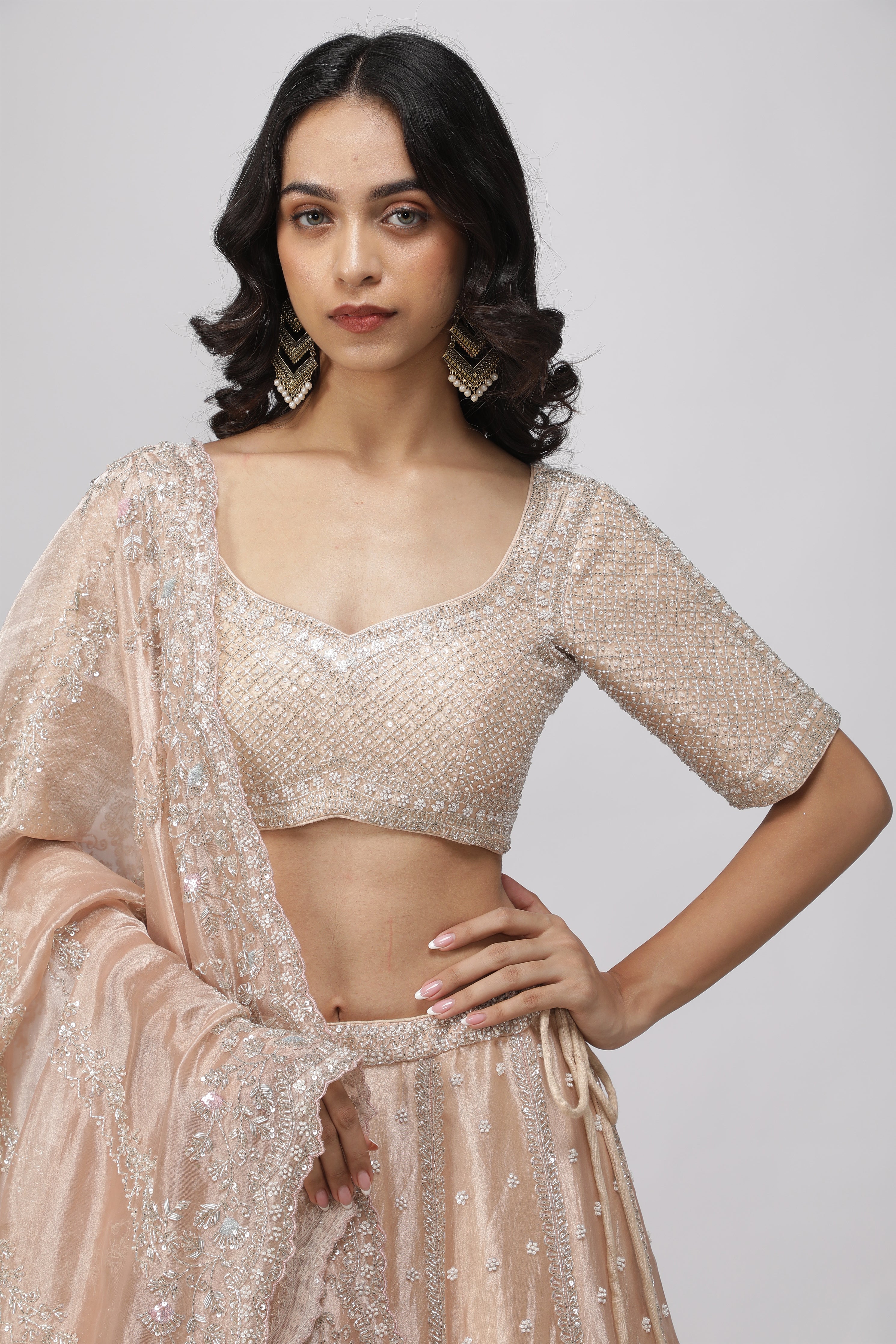 Peach Tissue Organza Lehenga Set