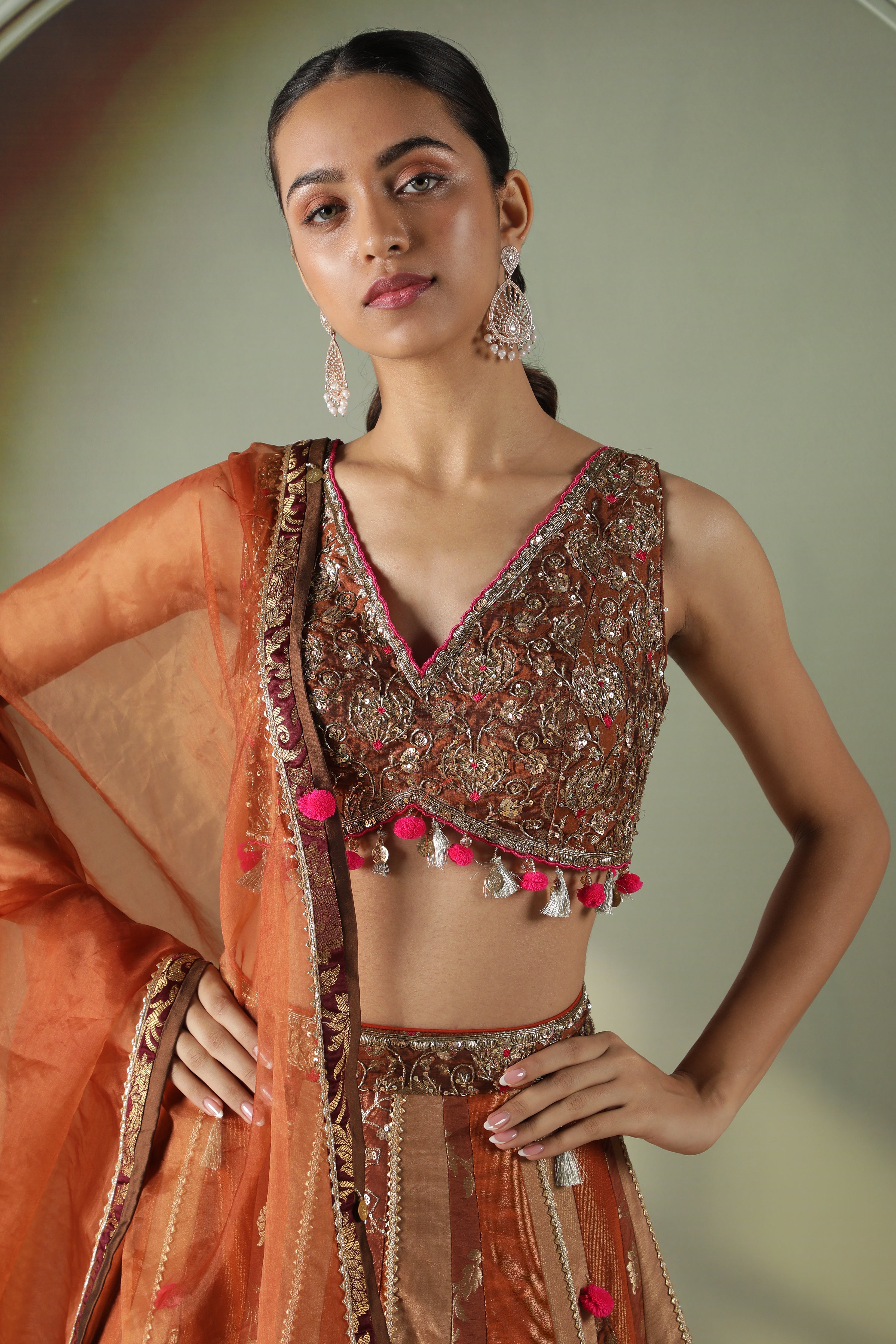Rust Tissue & Banarasi Lehenga Set