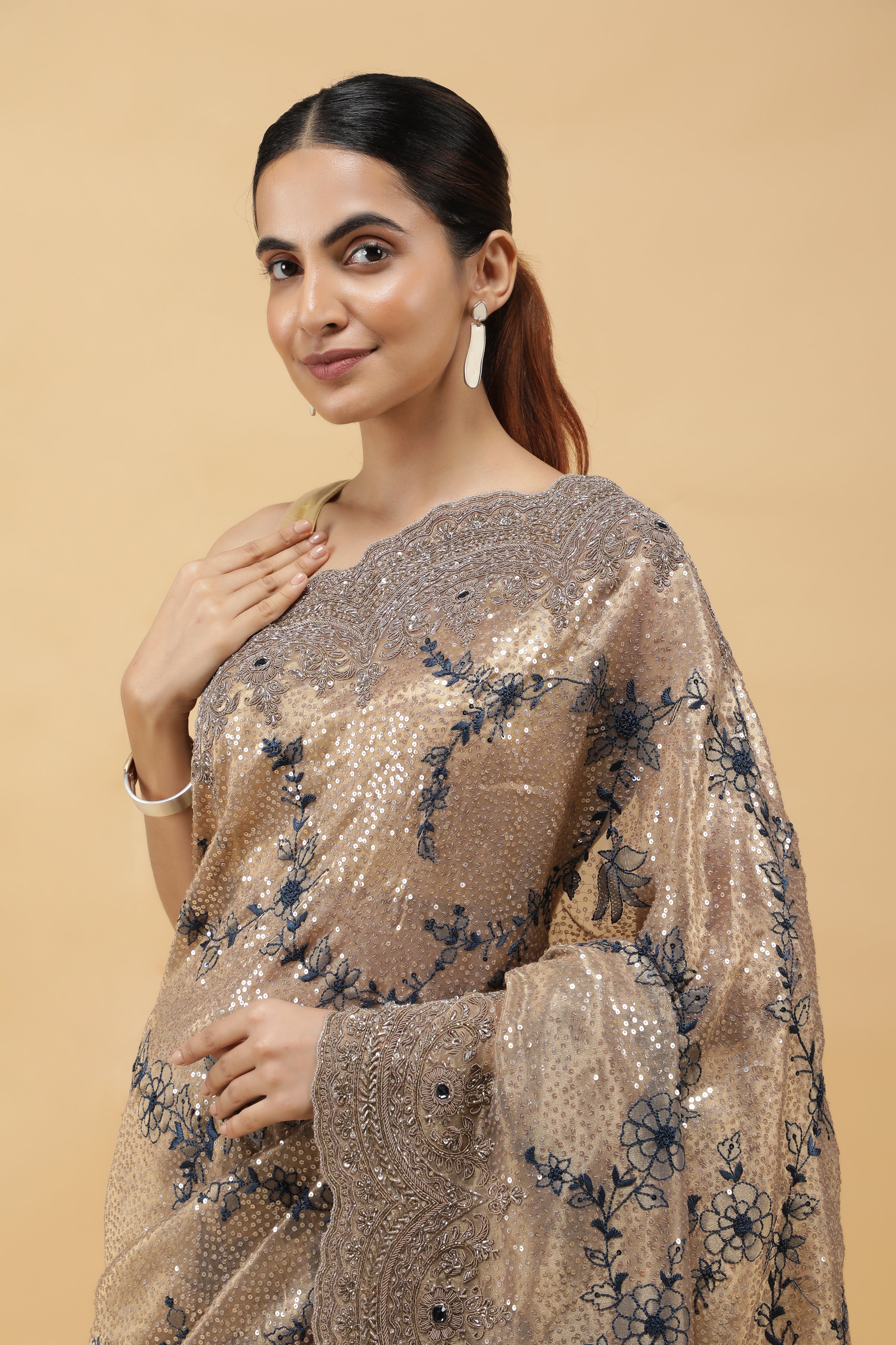 Gold Tissu Organza Saree with Sequins Embroidery & Zardhosi Border