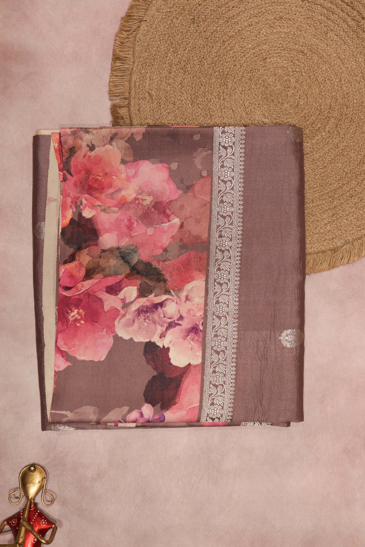 Dusty Lavender Tussar Silk Saree with Floral Print