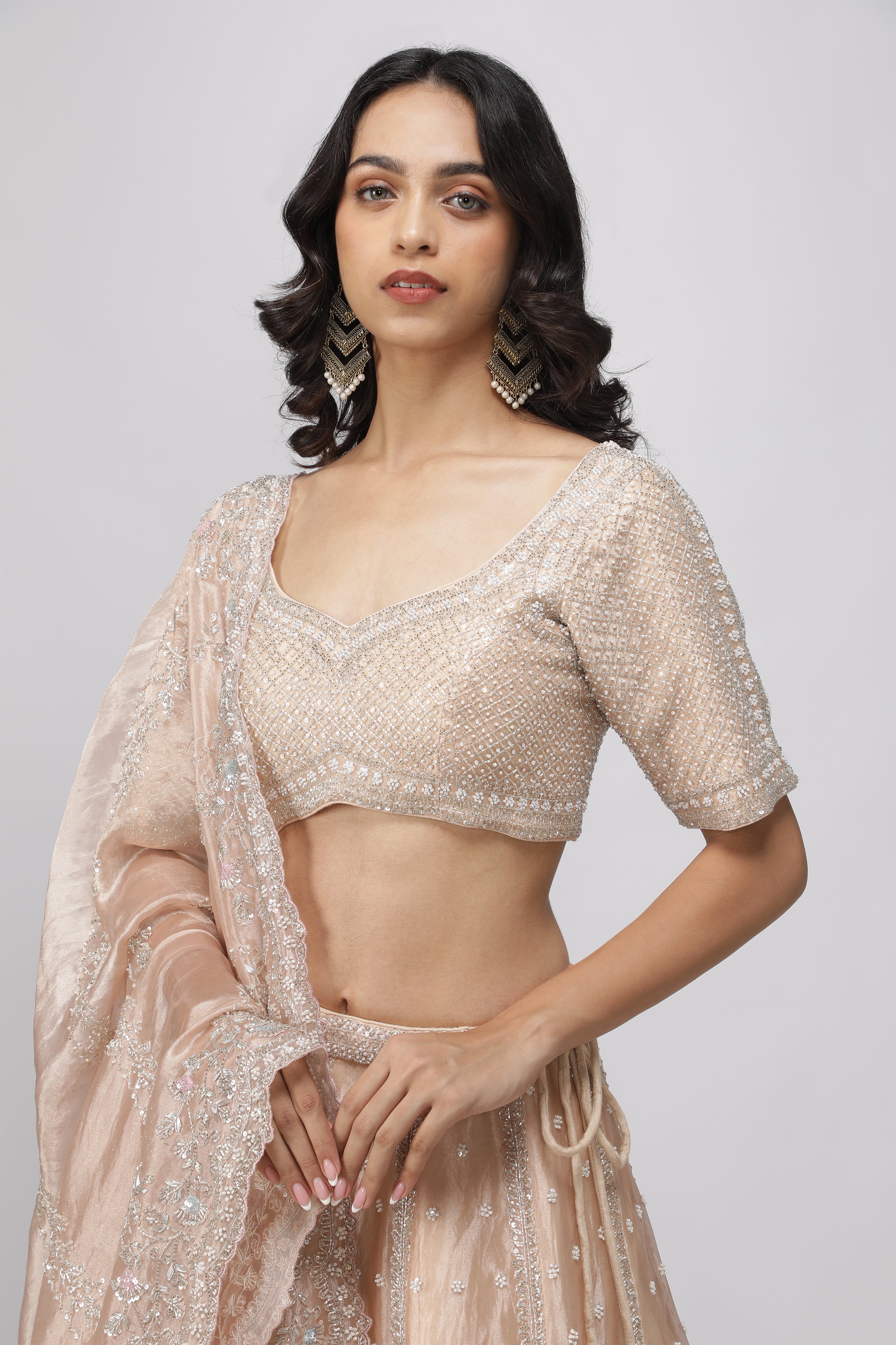 Peach Tissue Organza Lehenga Set