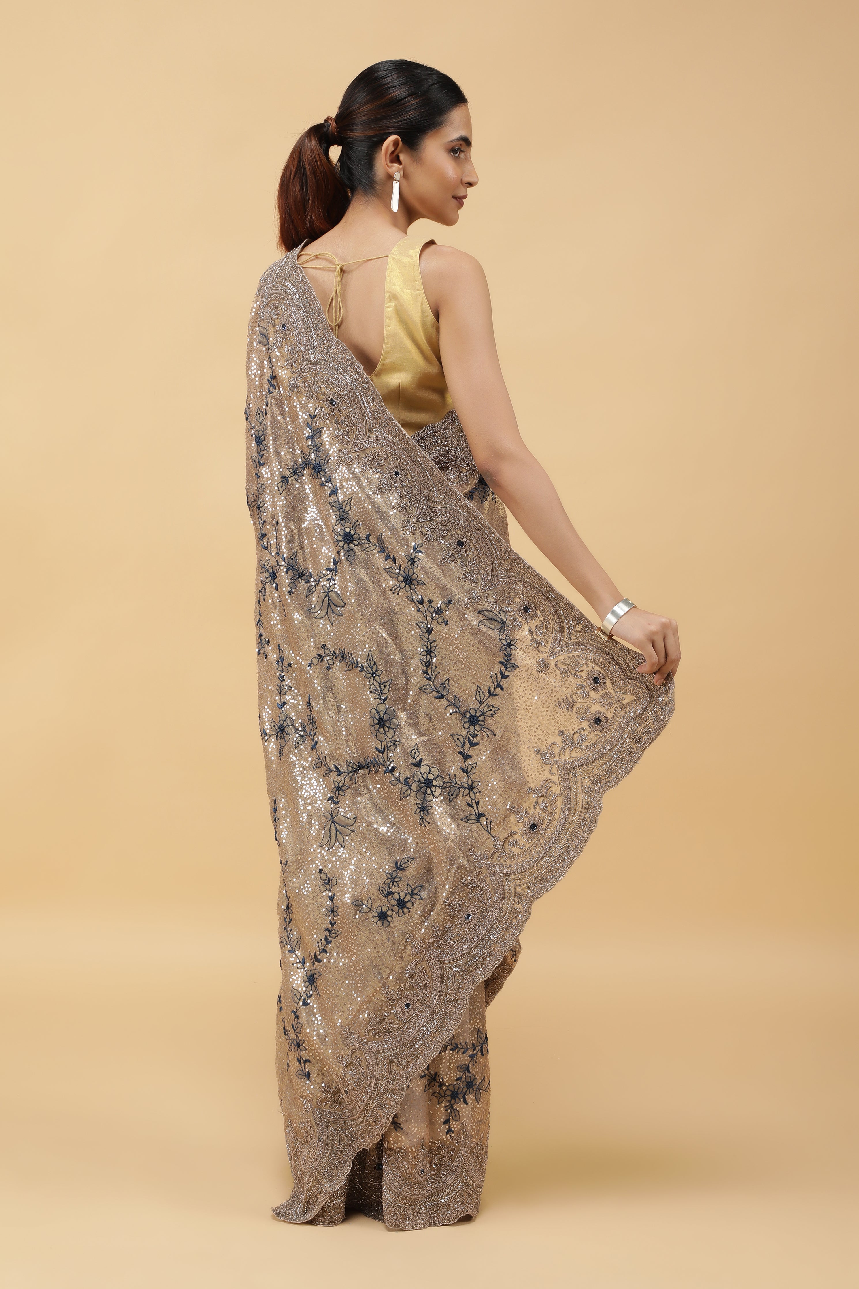 Gold Tissu Organza Saree with Sequins Embroidery & Zardhosi Border
