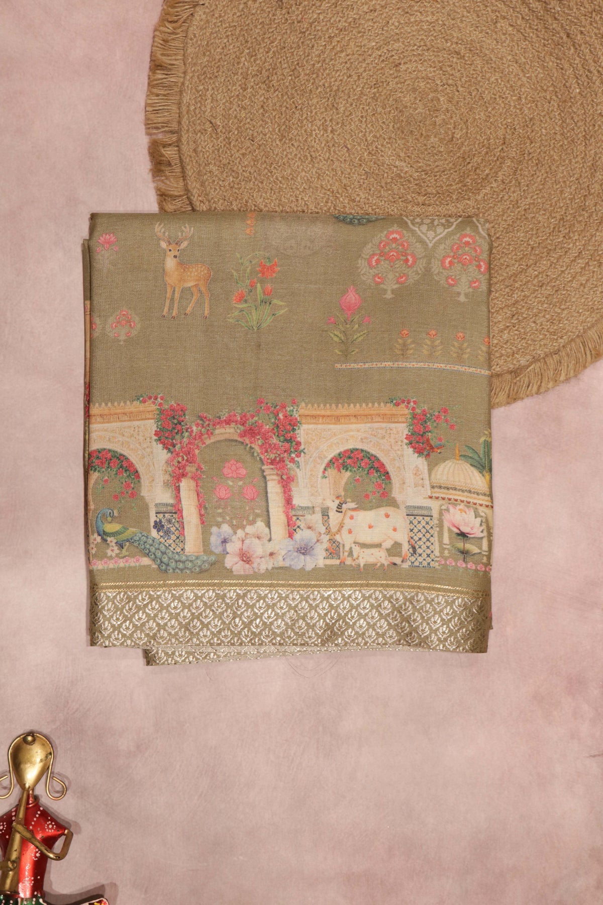 Olive Green Tussar Silk Digital Print Saree