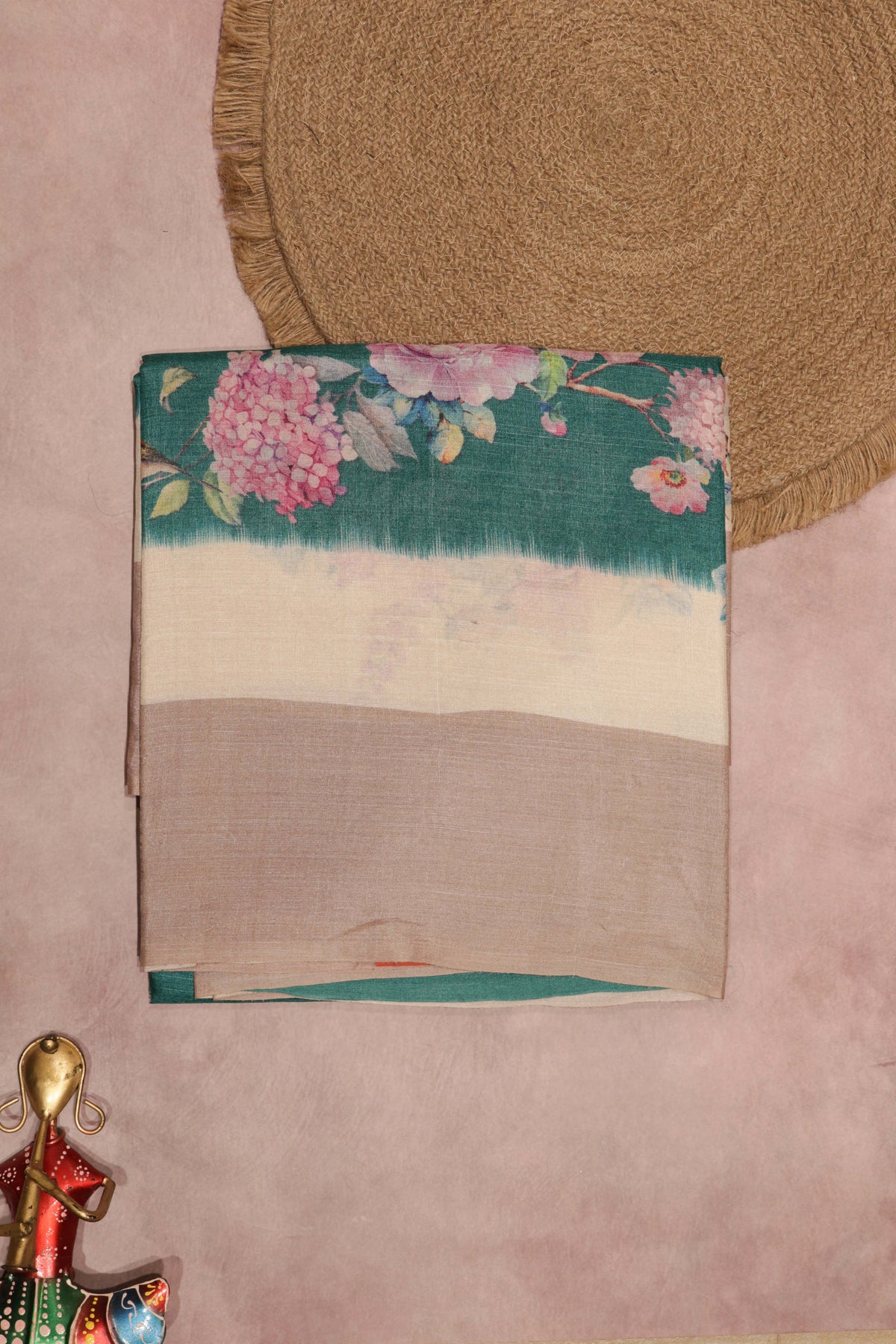 Peacock Green Floral Tussar Silk Saree