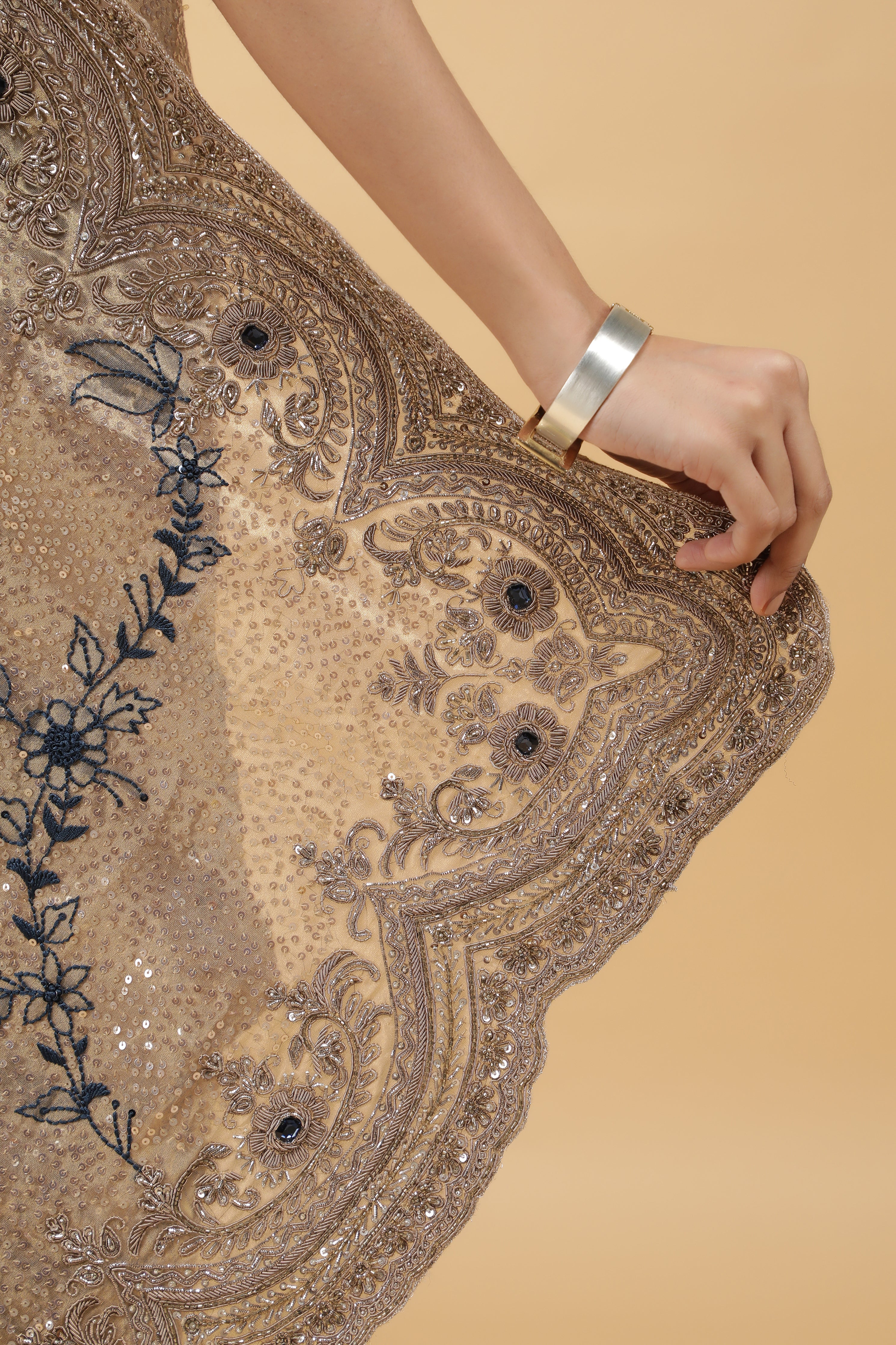 Gold Tissu Organza Saree with Sequins Embroidery & Zardhosi Border