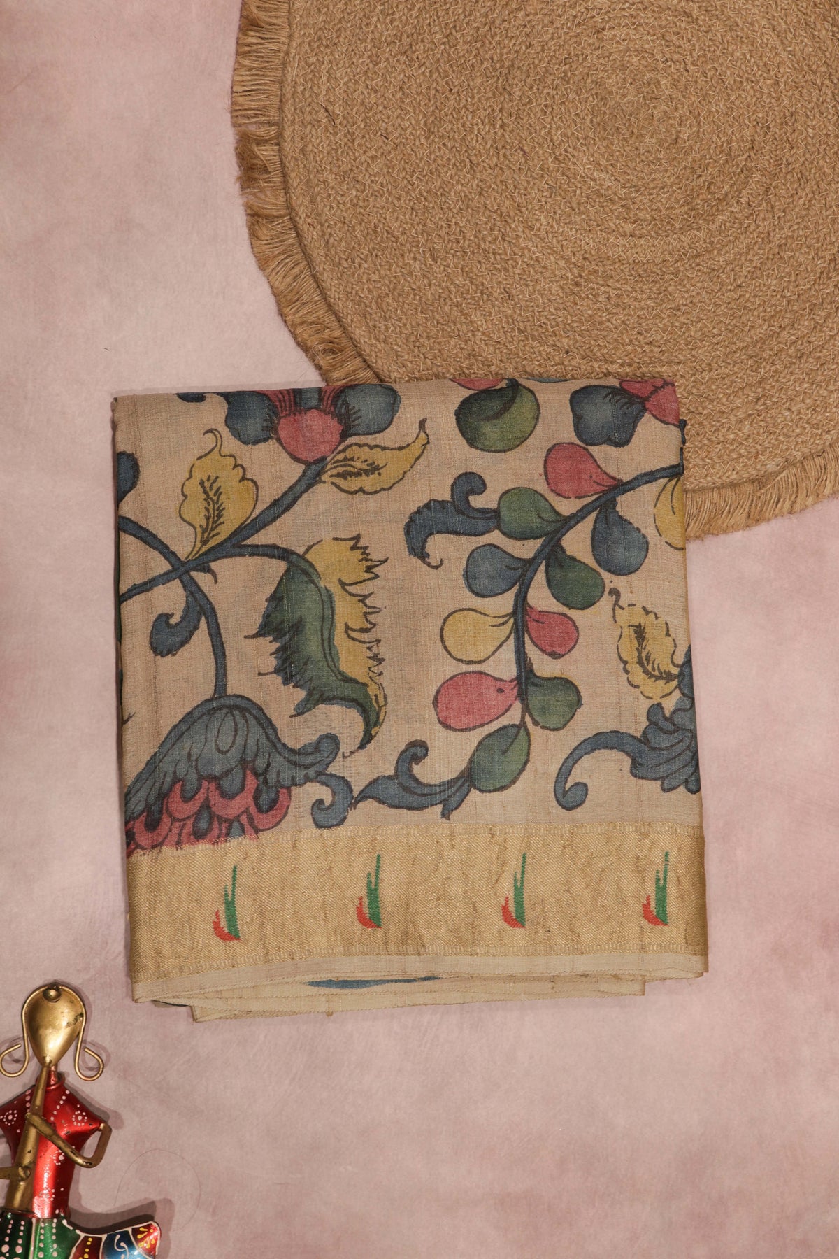 Beige Kalamkari Tussar Silk Saree