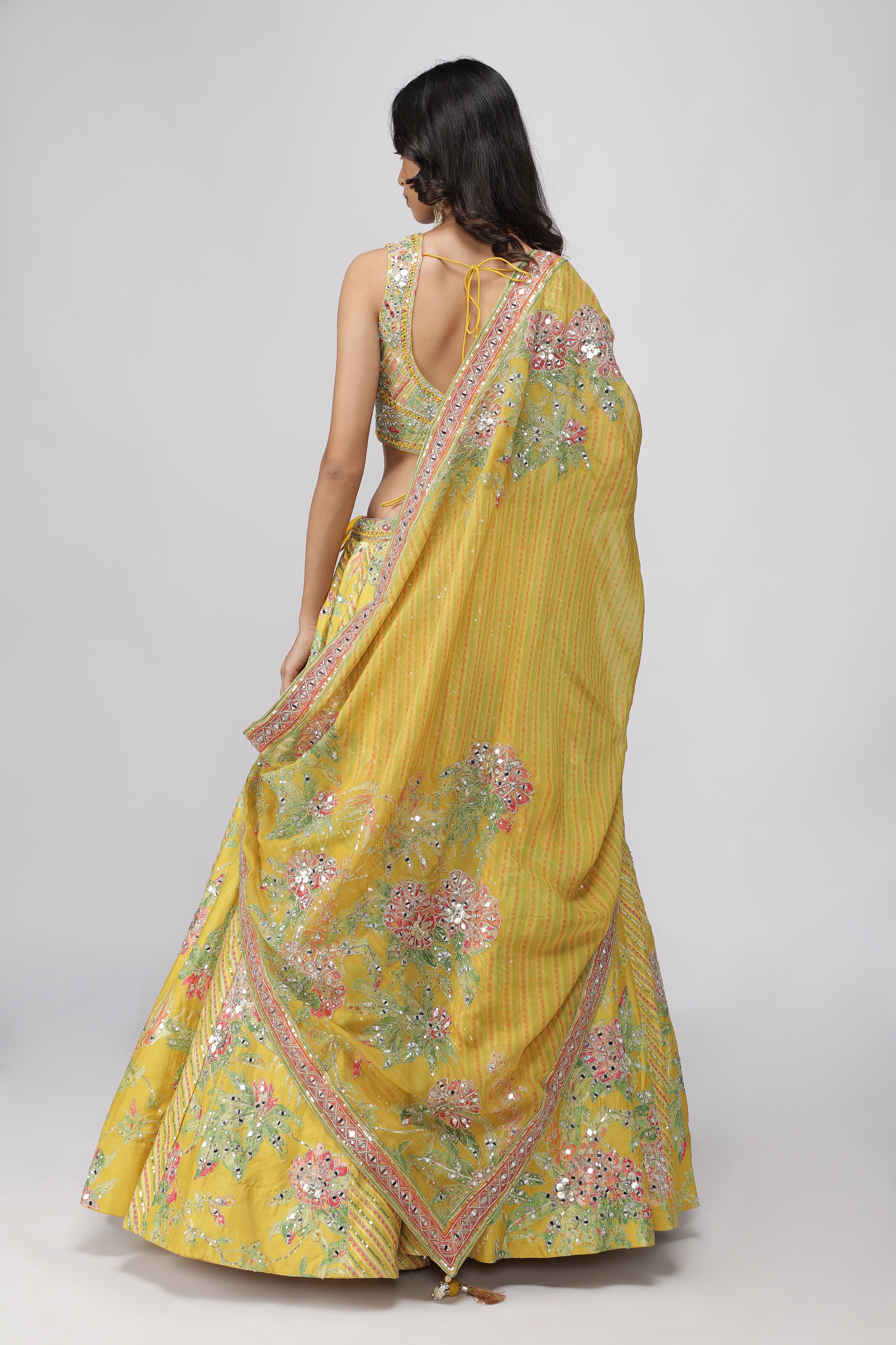 Yellow Silk Floral Printed Lehenga Set