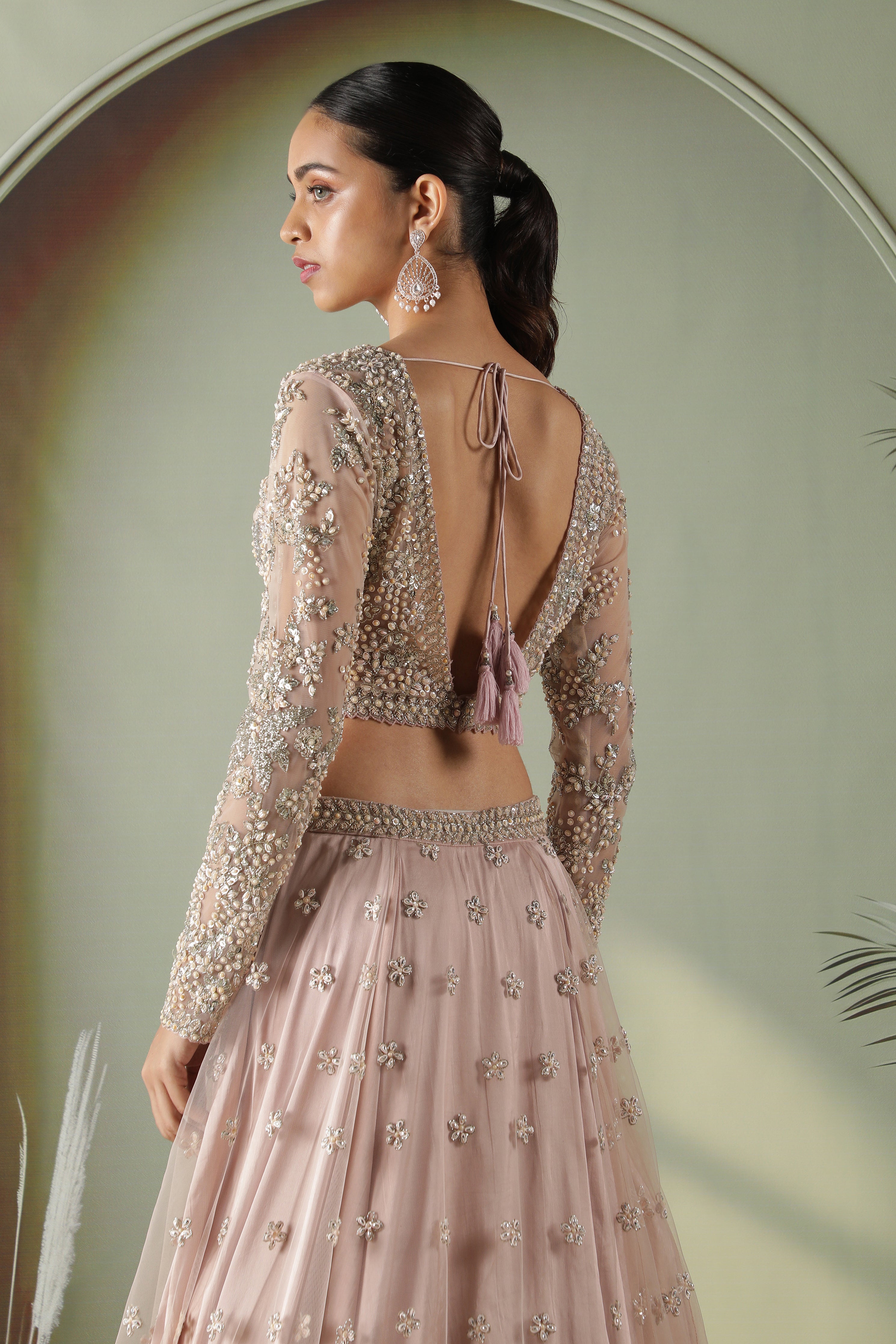 Dusty Rose Long-Sleeve Mirror & Pearl Embroidered Net Lehenga Set