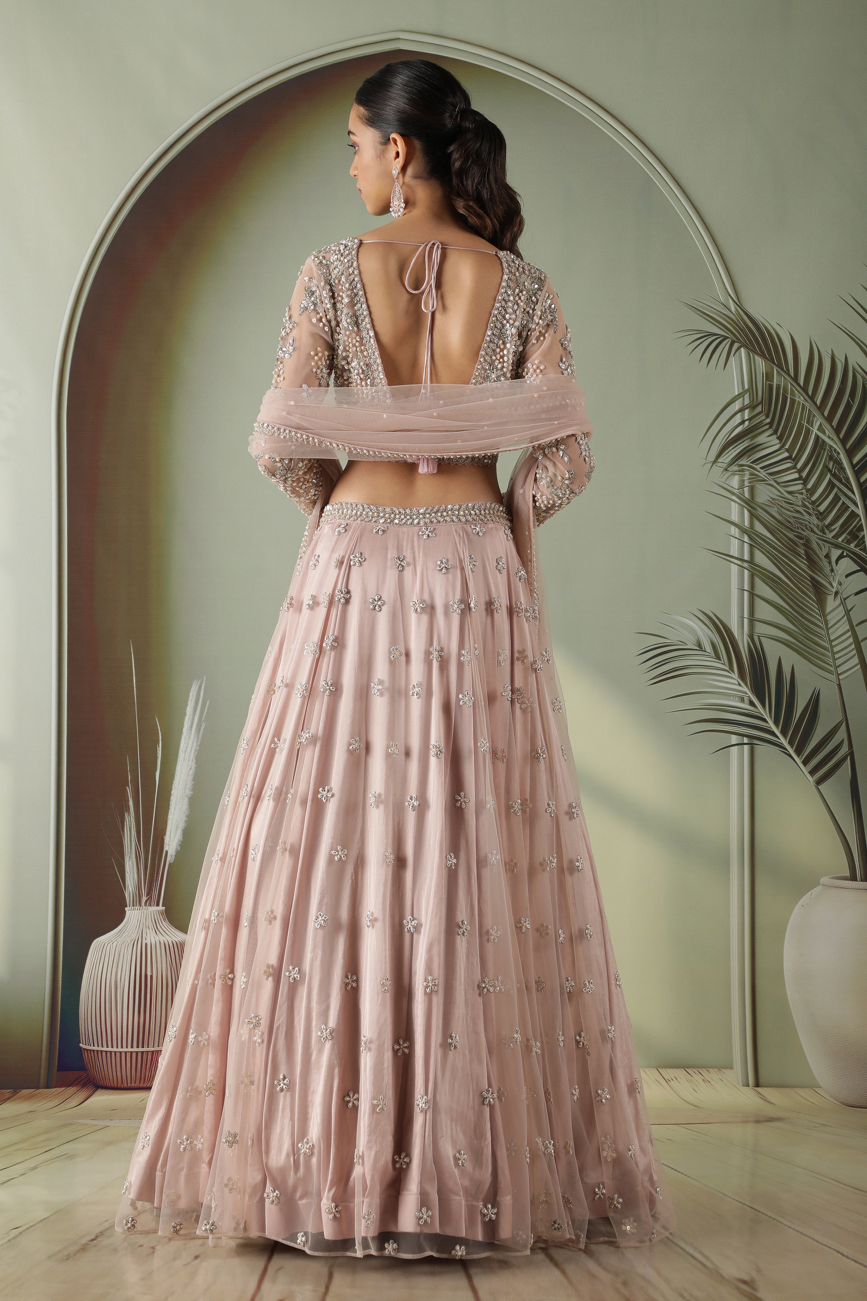Dusty Rose Long-Sleeve Mirror & Pearl Embroidered Net Lehenga Set