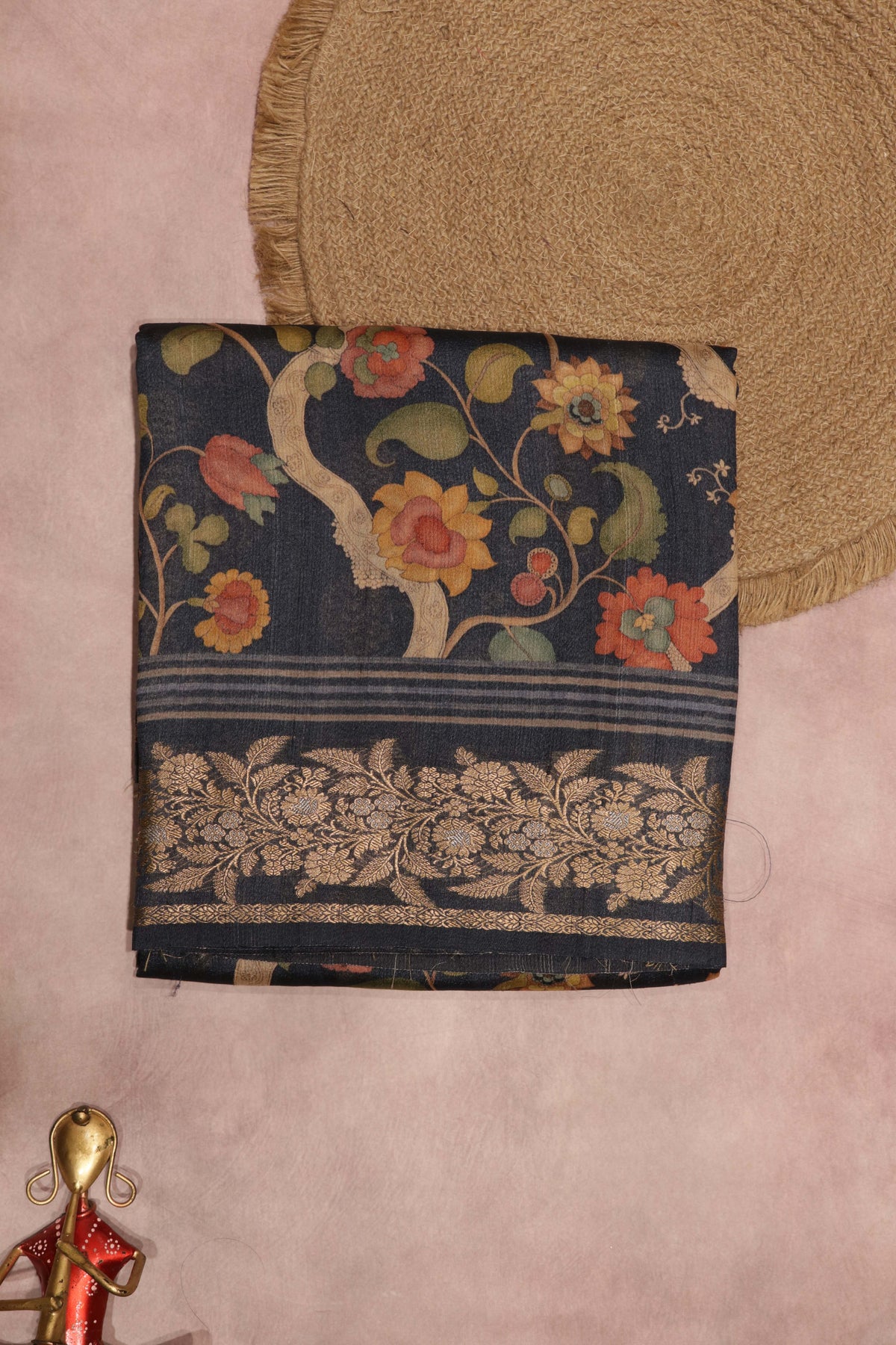 Dark Blue Kalamkari Tussar Silk Saree