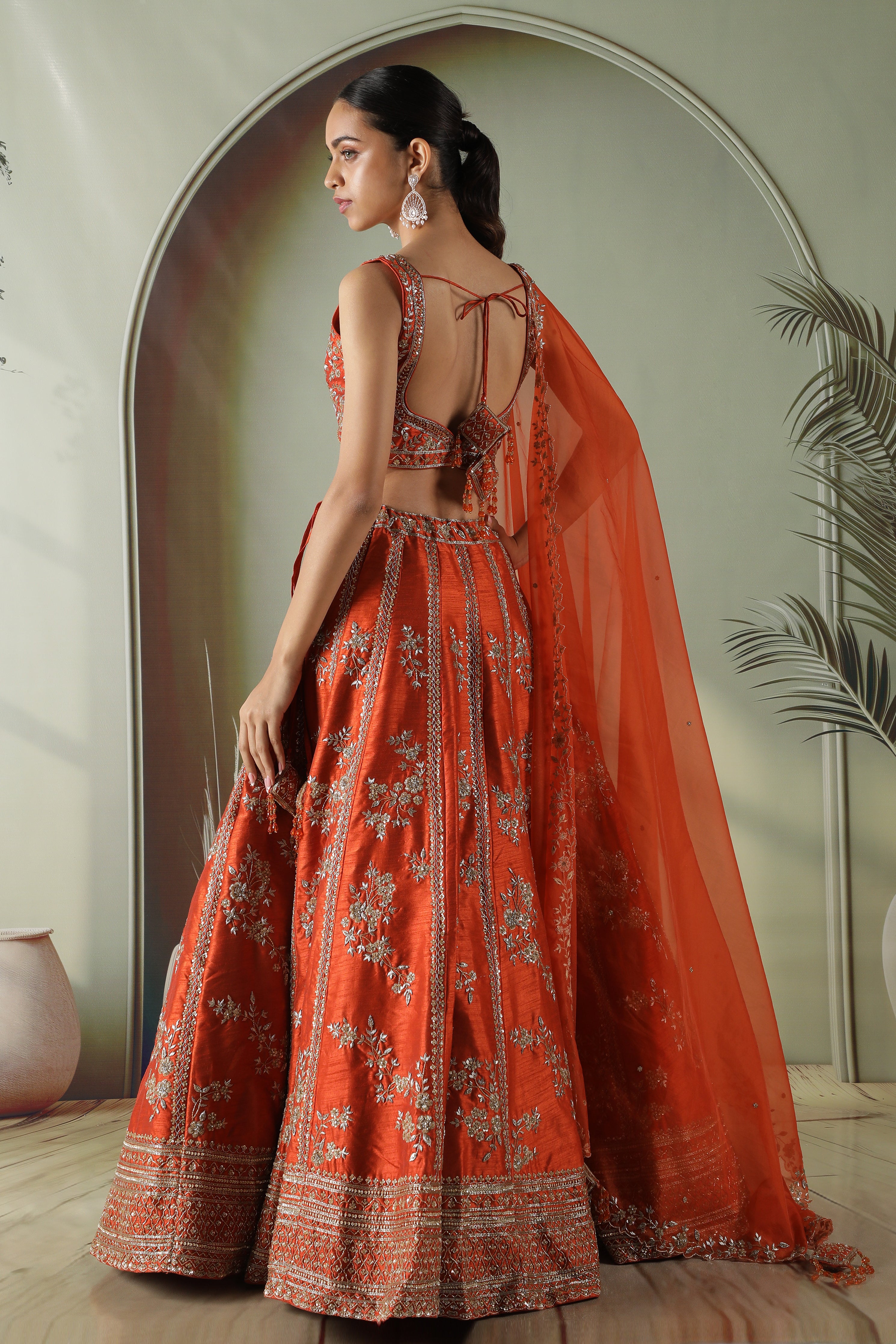 Rust Raw Silk Lehenga Set