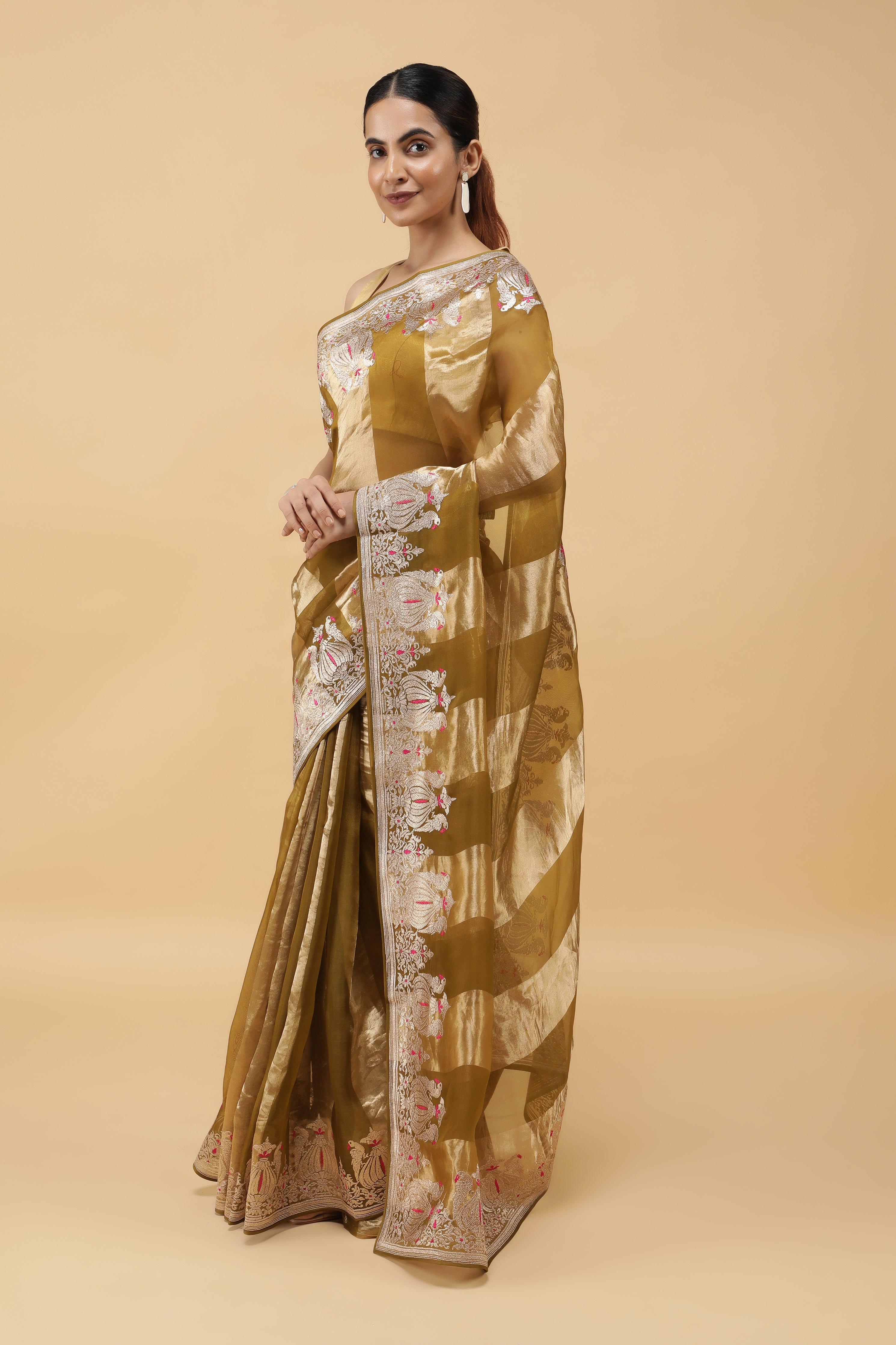 Golden Green Tissue Organza Saree with Meena Embroidery