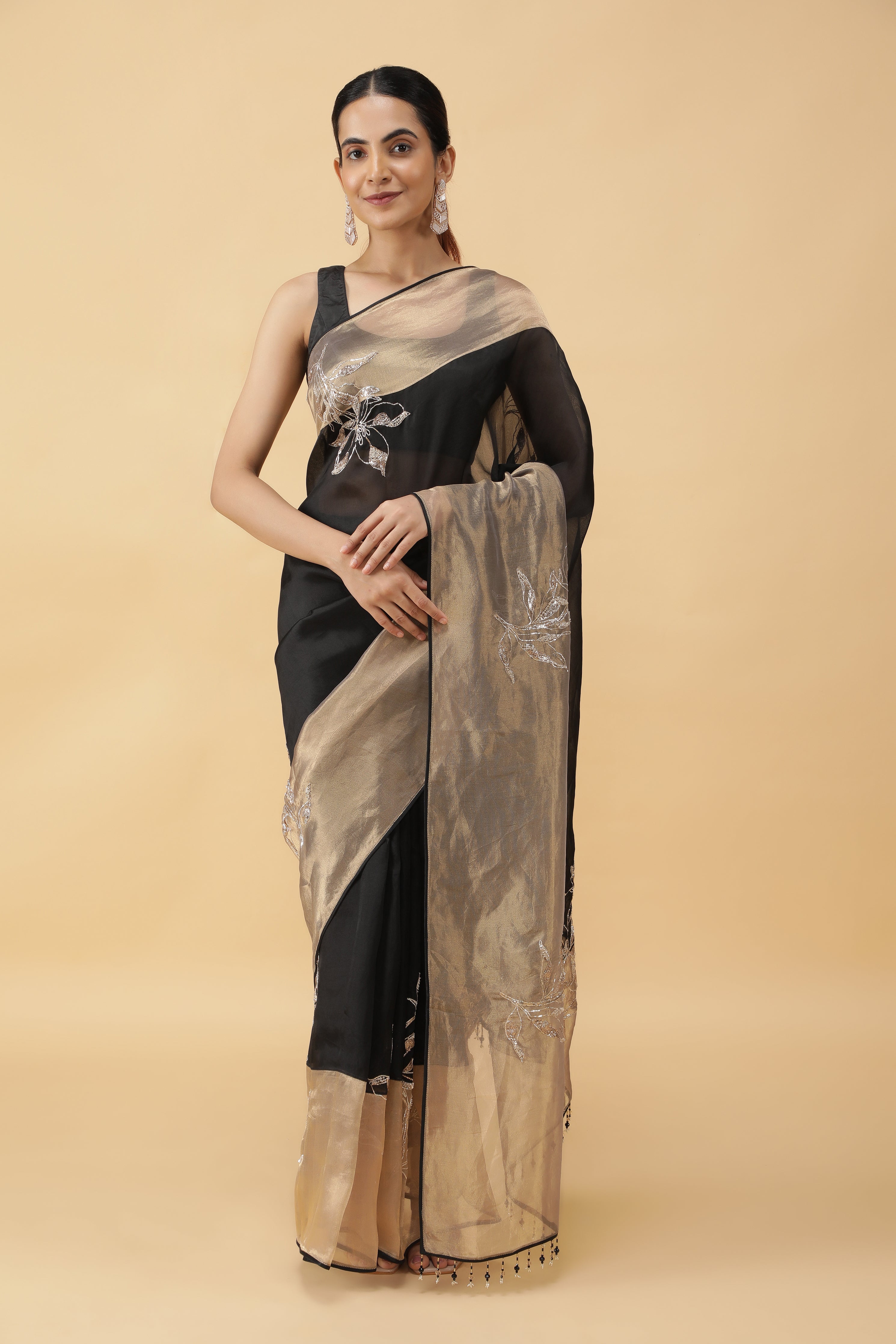 Black Organza Saree with Gold Tissue Border & Sequin Zari Motifs
