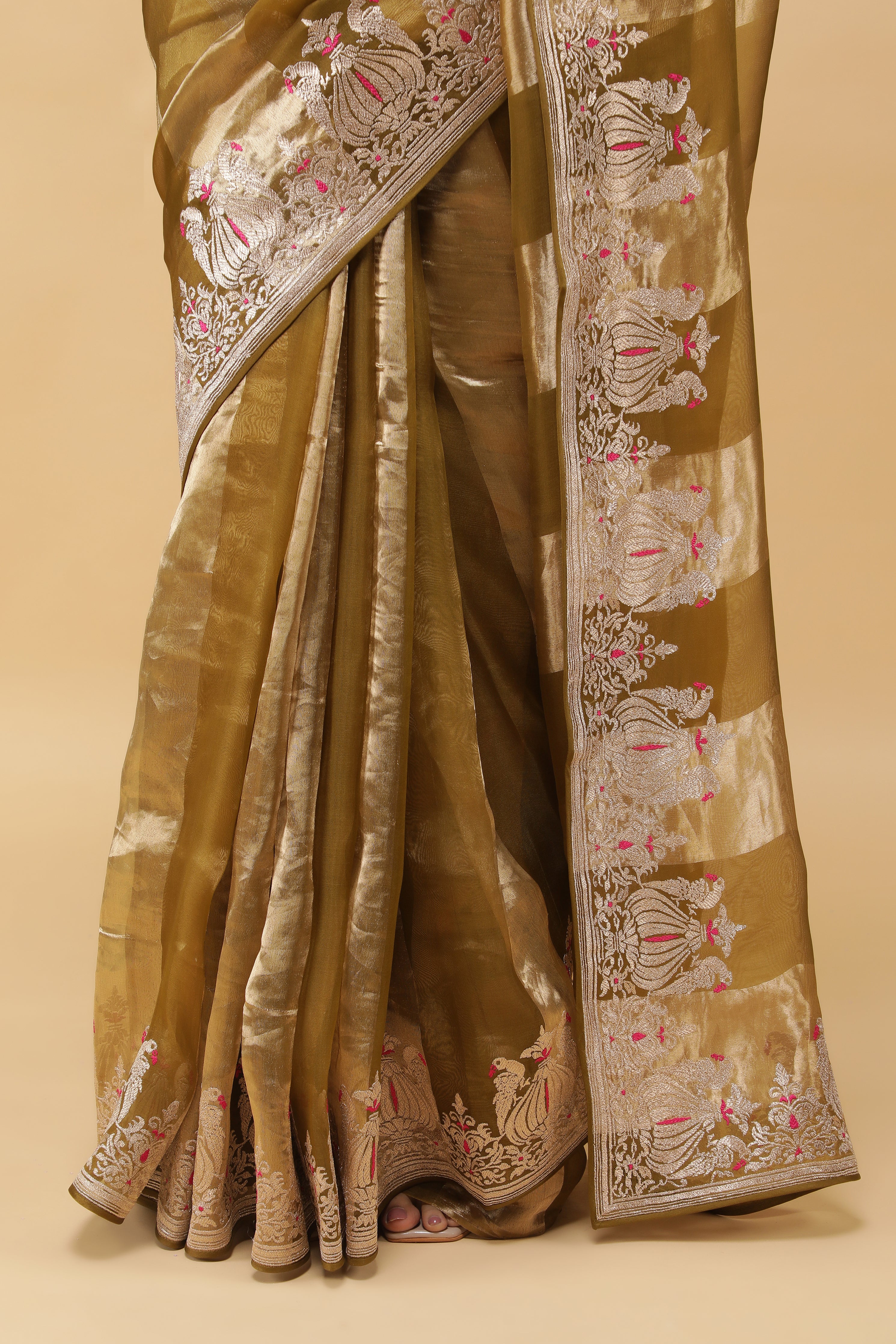 Golden Green Tissue Organza Saree with Meena Embroidery