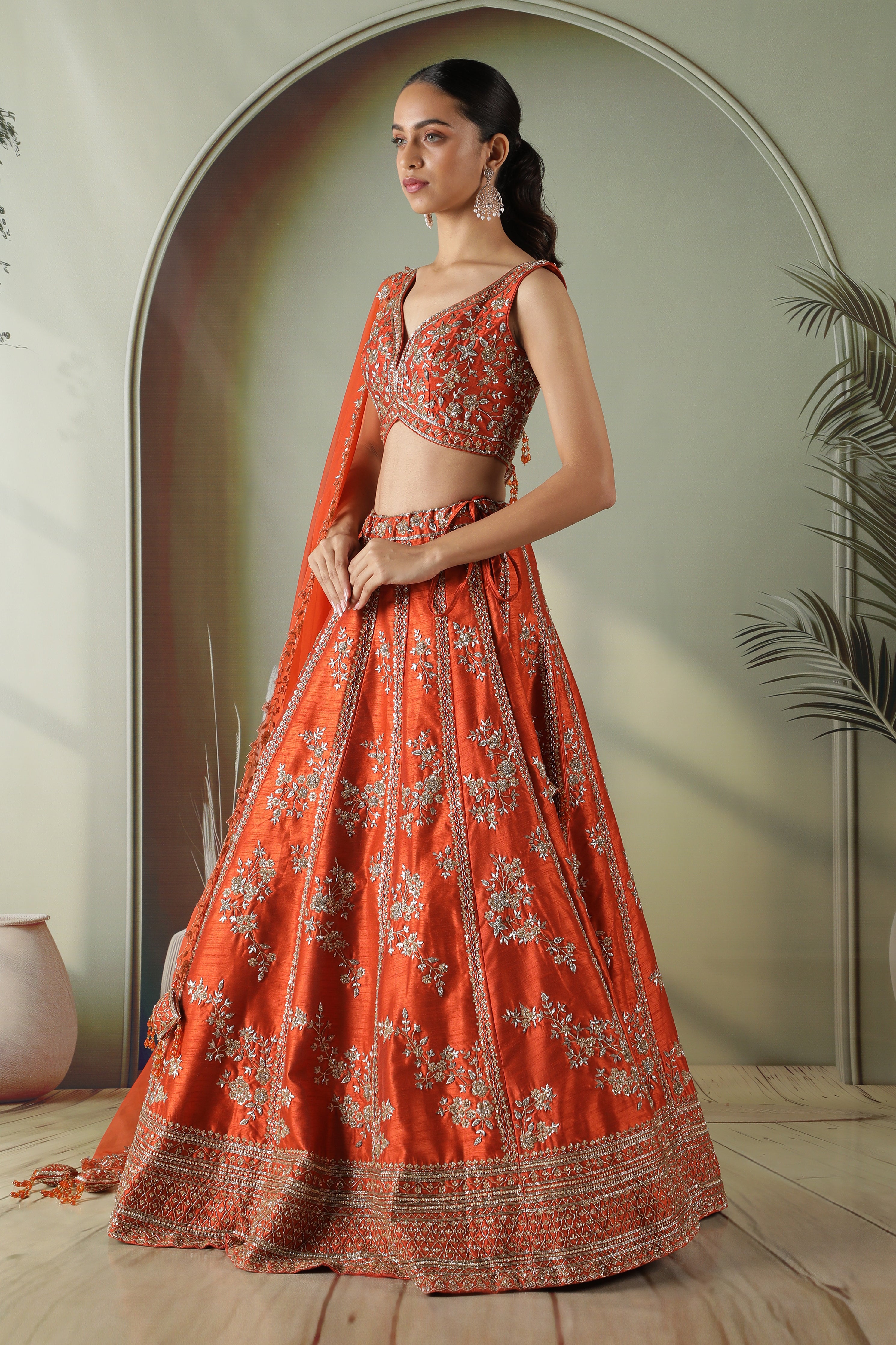 Rust Raw Silk Lehenga Set