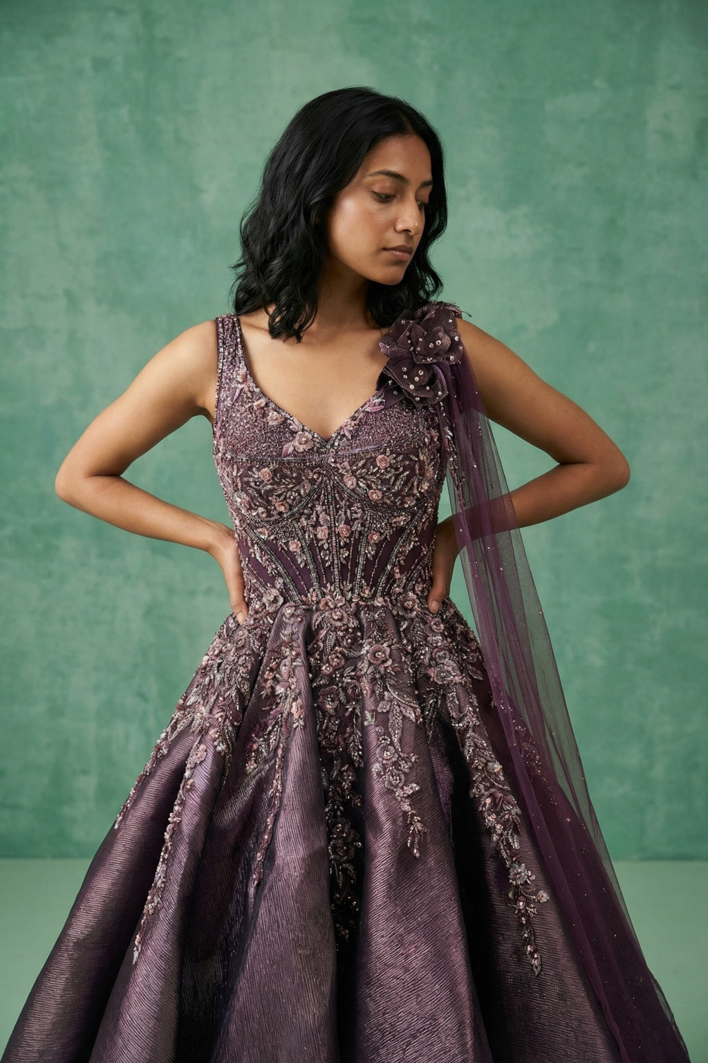 Dark Lavender Shimmer Embroidered Gown - Mokshaa