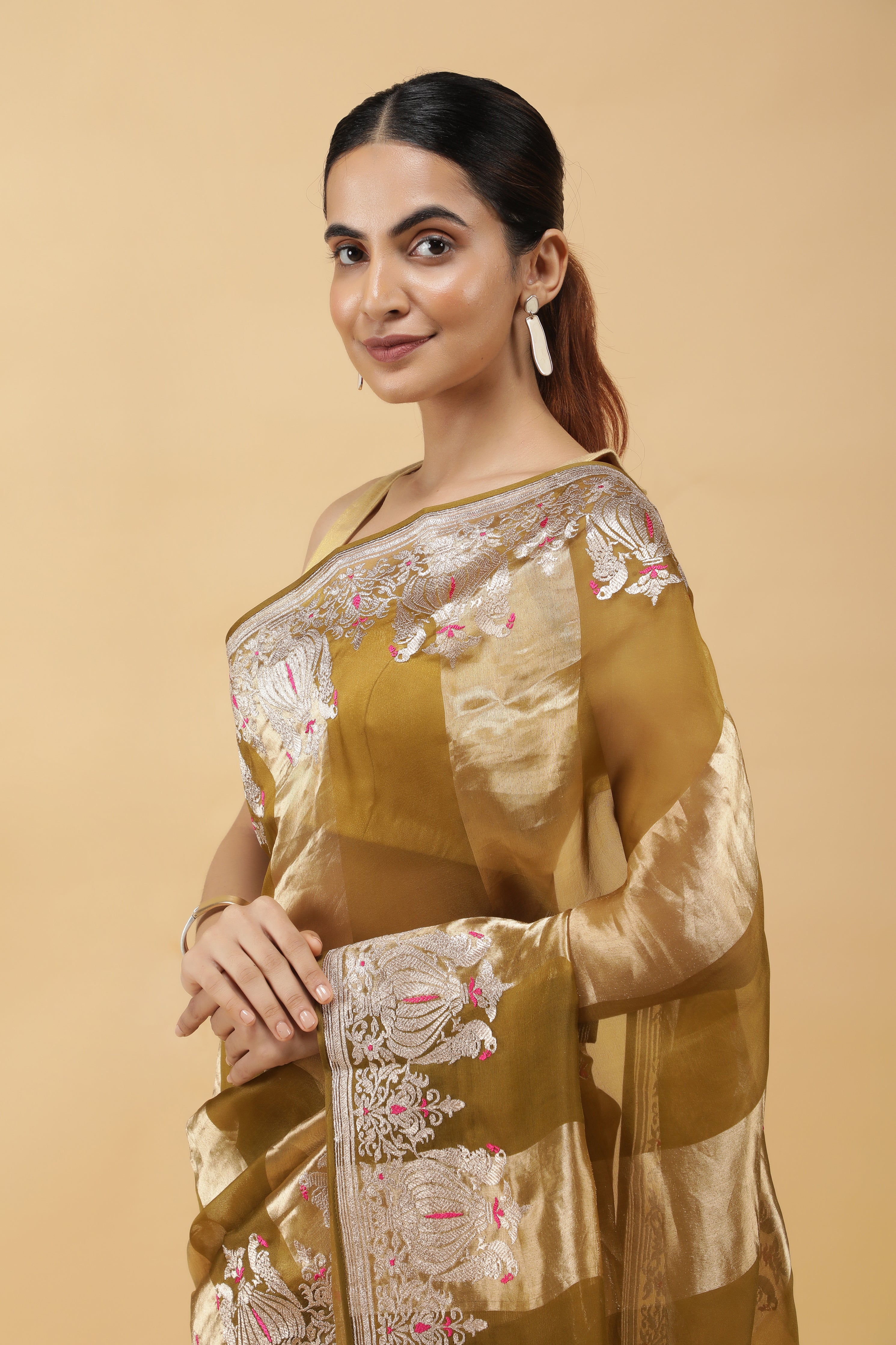 Golden Green Tissue Organza Saree with Meena Embroidery