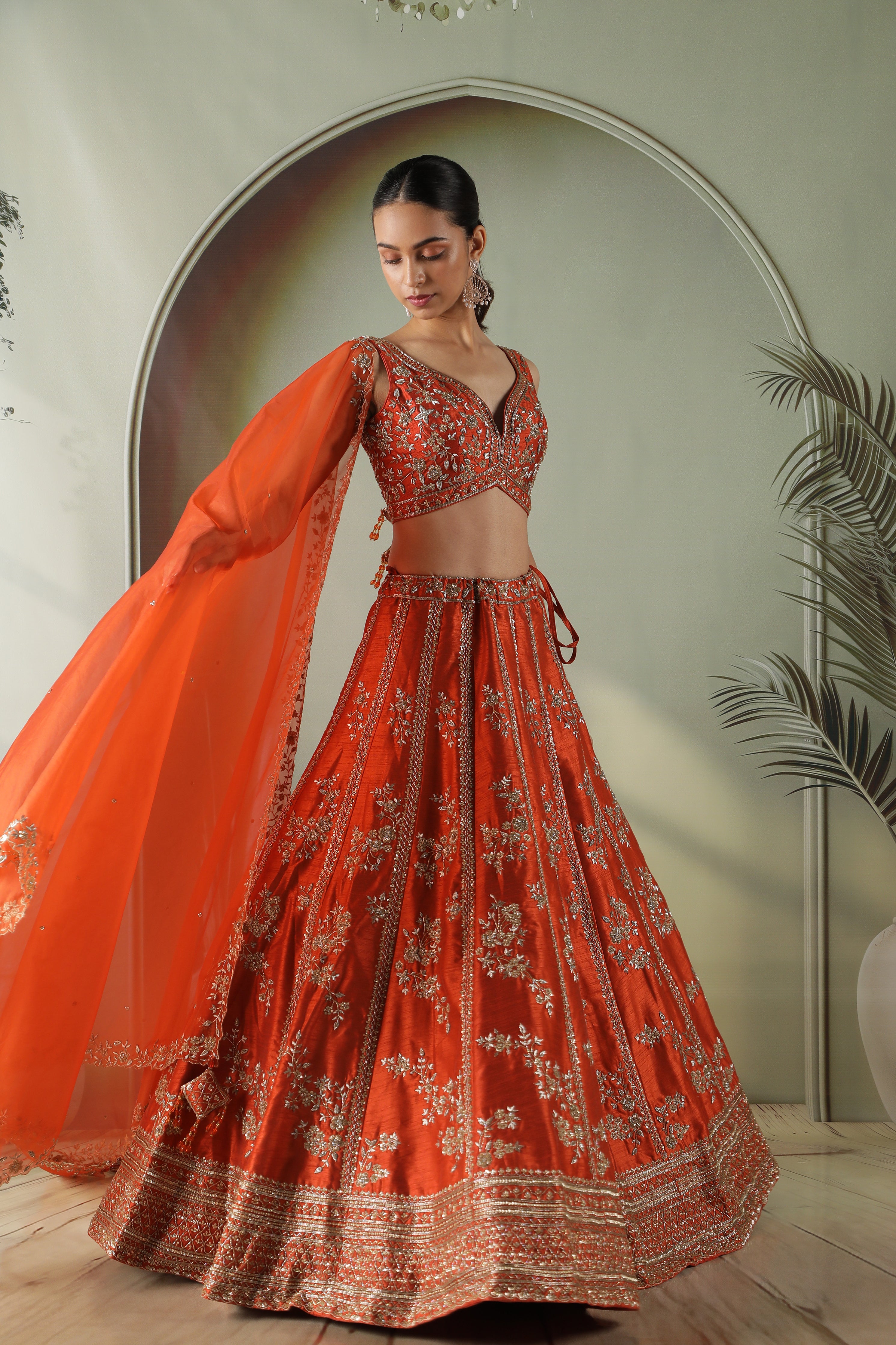 Rust Raw Silk Lehenga Set