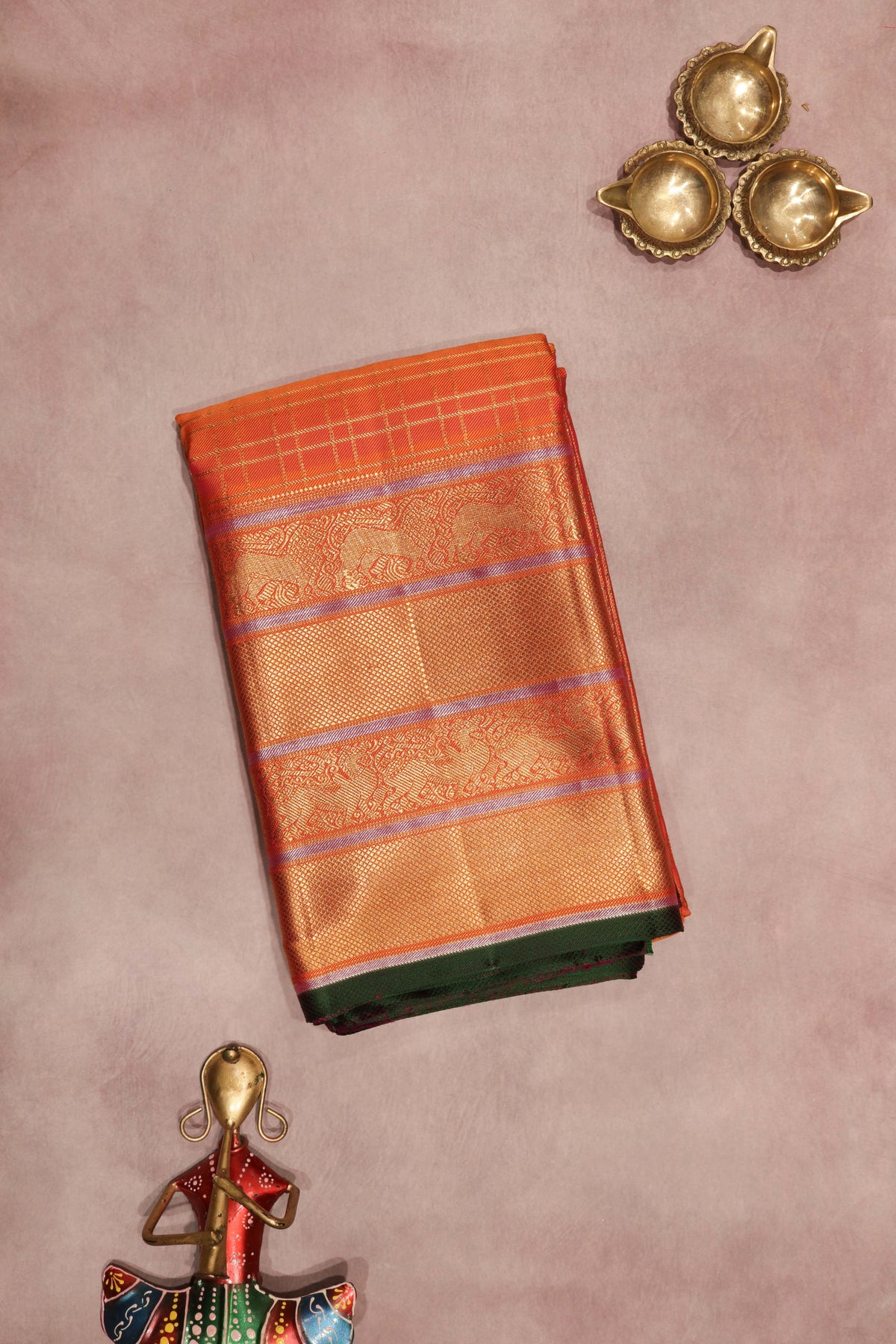 Orange Zari Checks Twill Silk Saree