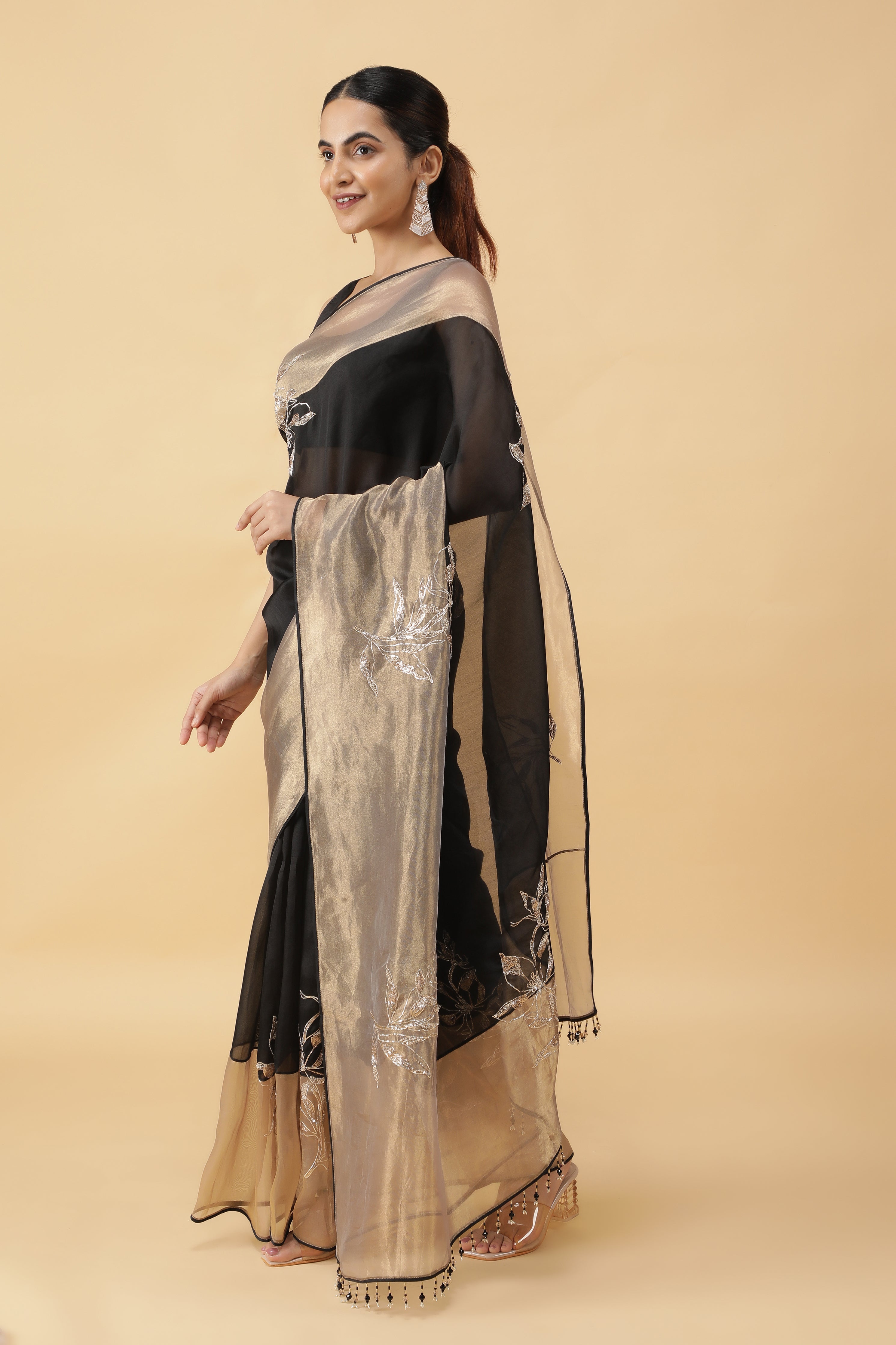Black Organza Saree with Gold Tissue Border & Sequin Zari Motifs