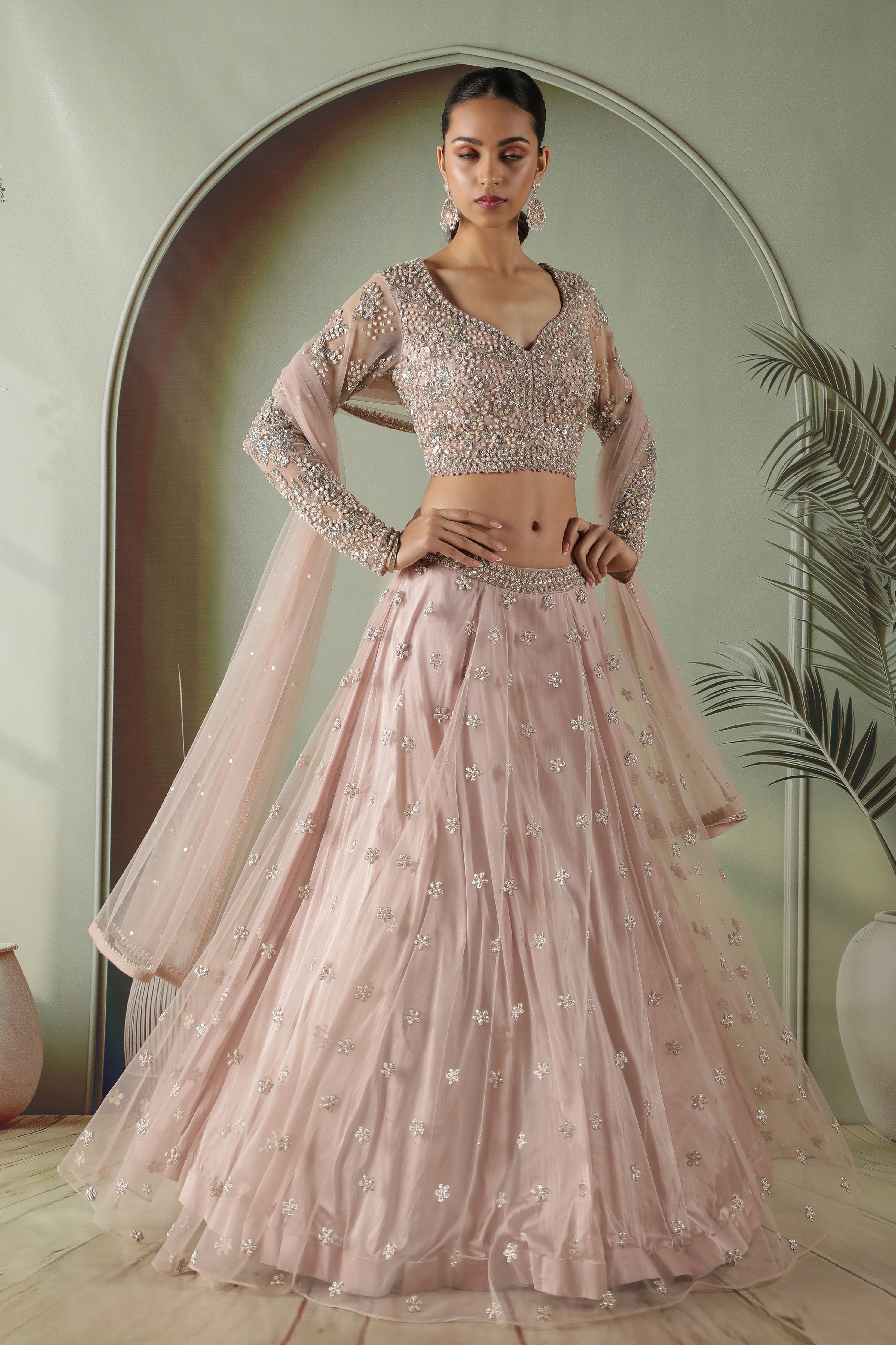 Dusty Rose Long-Sleeve Mirror & Pearl Embroidered Net Lehenga Set