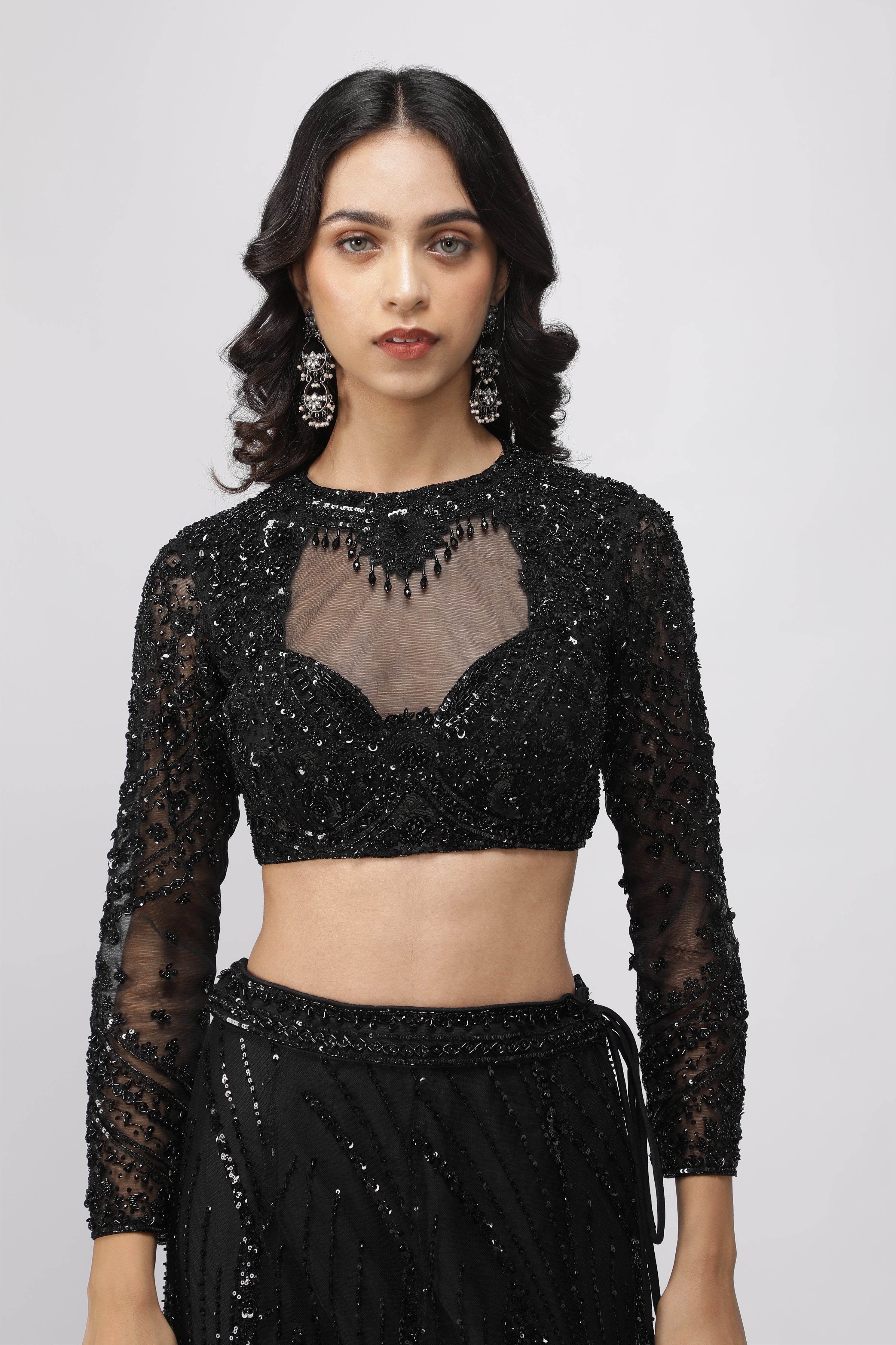 Black Net Sequin Embroidered Mermaid Lehenga Set with Ruffle Dupatta