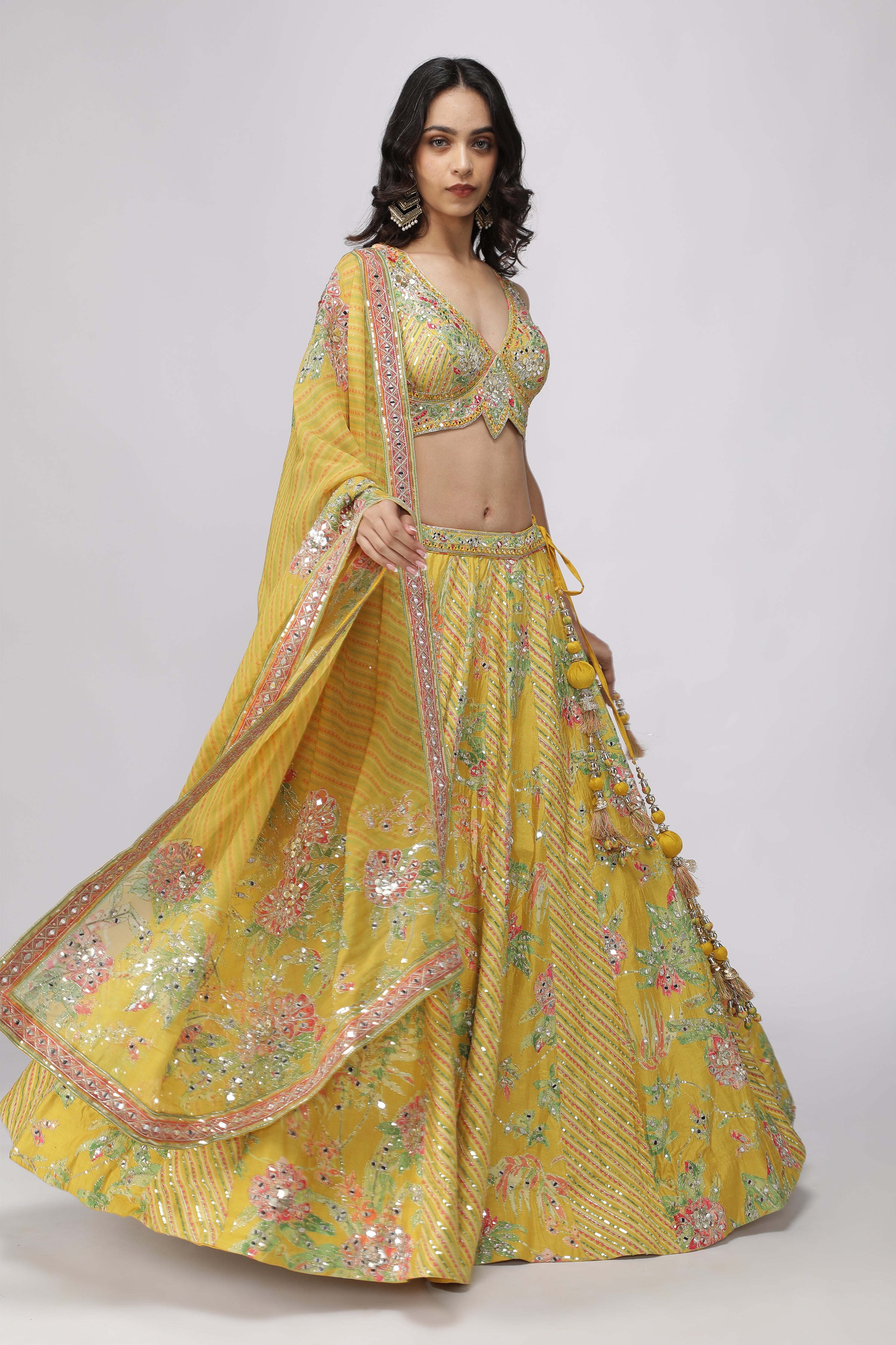 Yellow Silk Floral Printed Lehenga Set