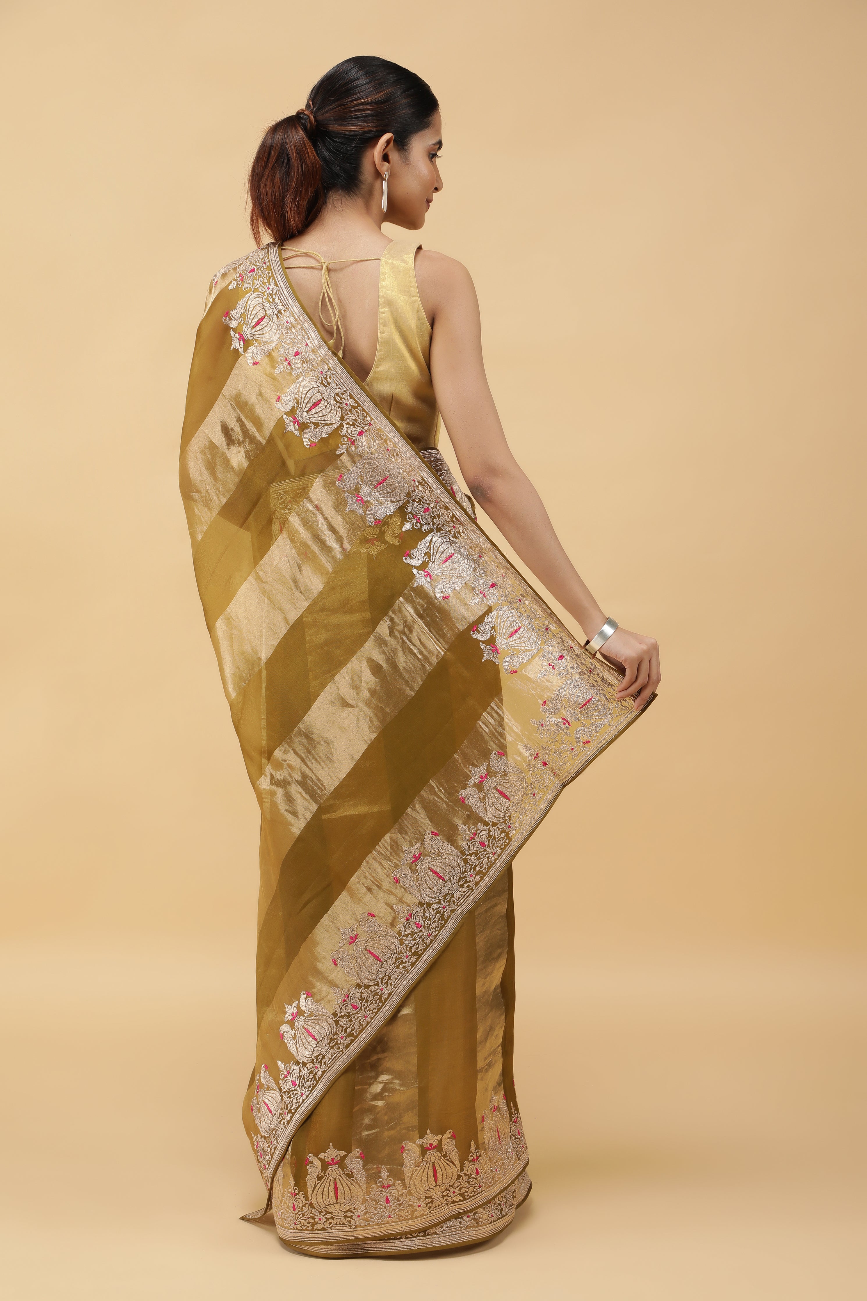 Golden Green Tissue Organza Saree with Meena Embroidery