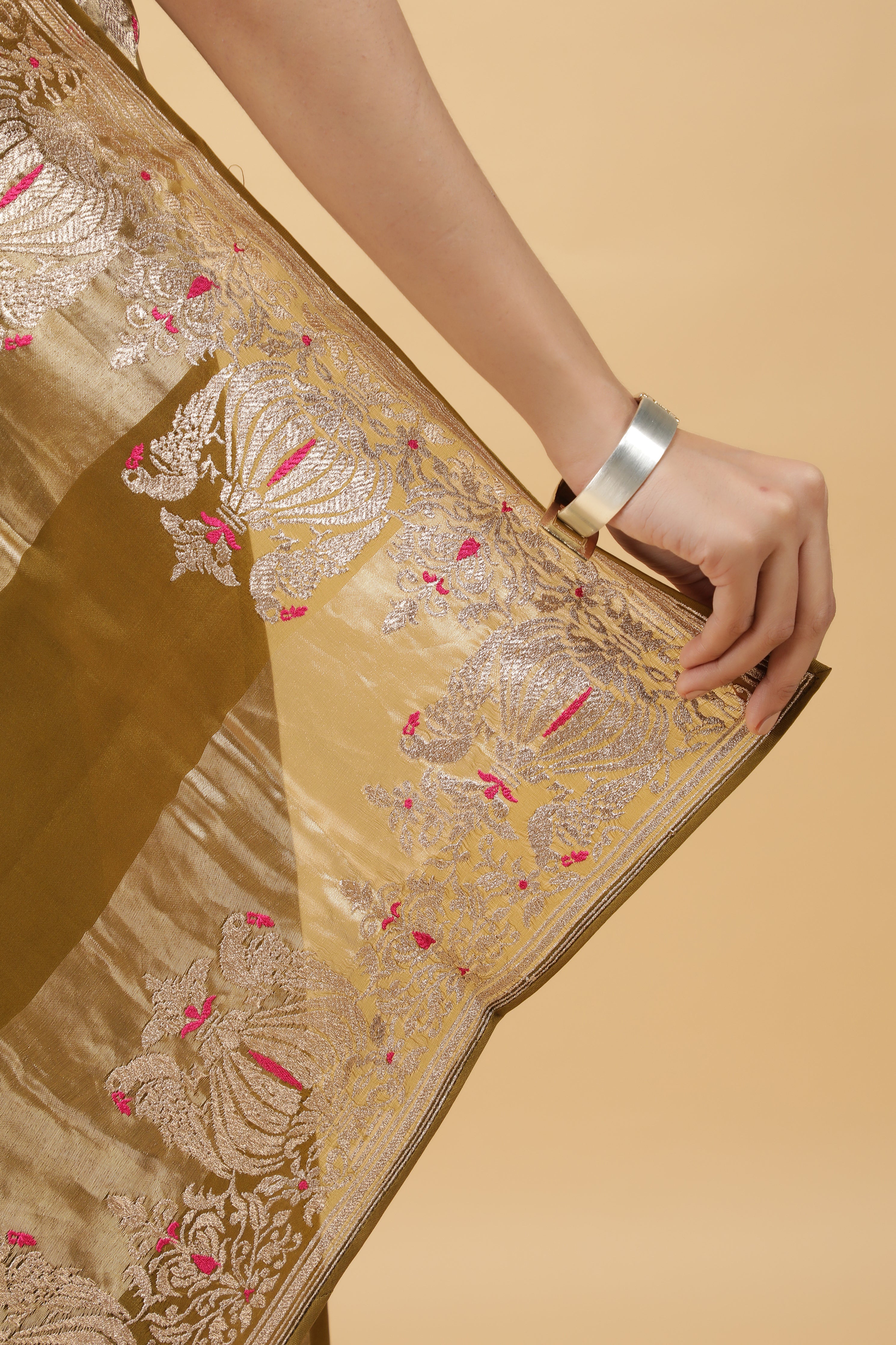 Golden Green Tissue Organza Saree with Meena Embroidery