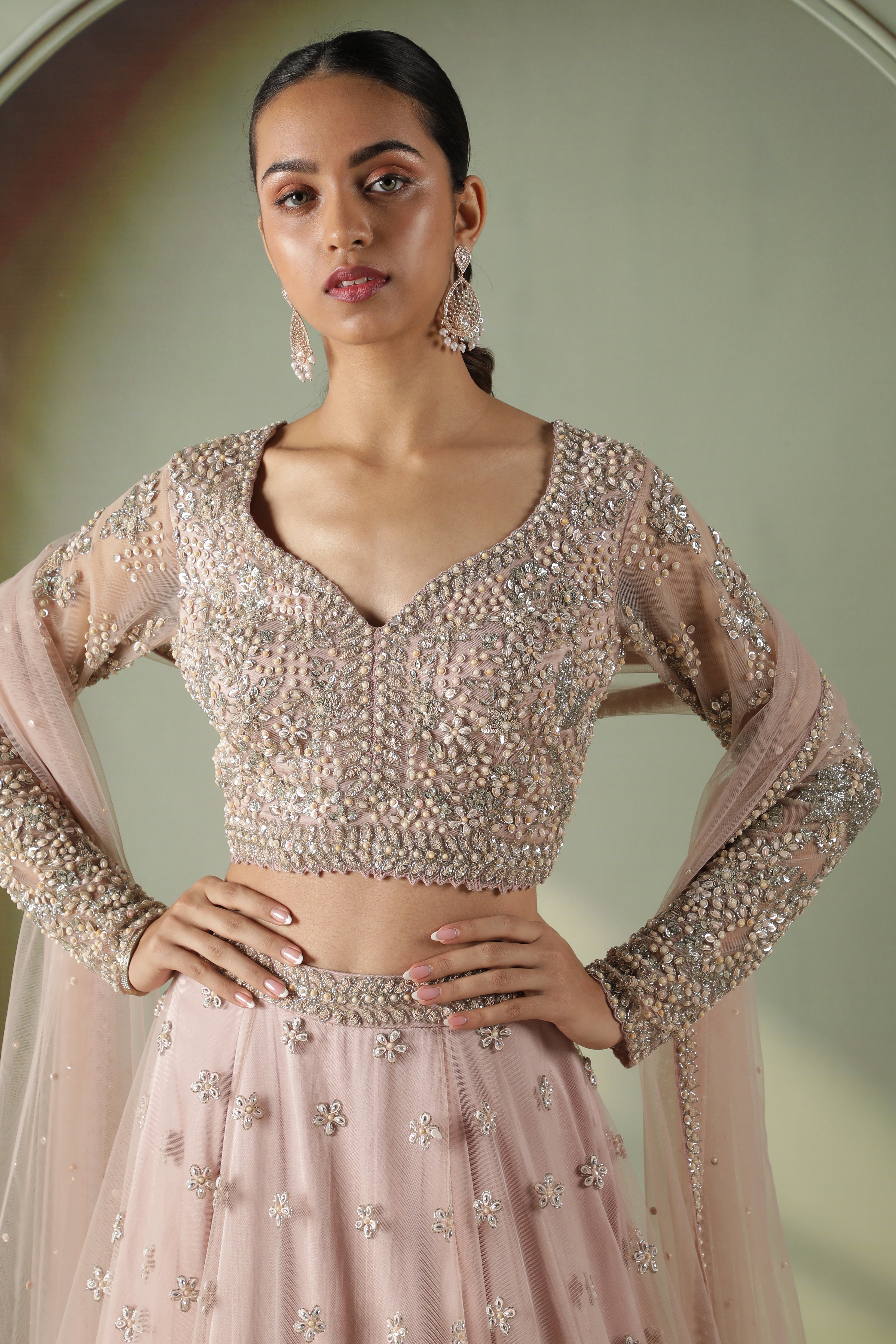 Dusty Rose Long-Sleeve Mirror & Pearl Embroidered Net Lehenga Set