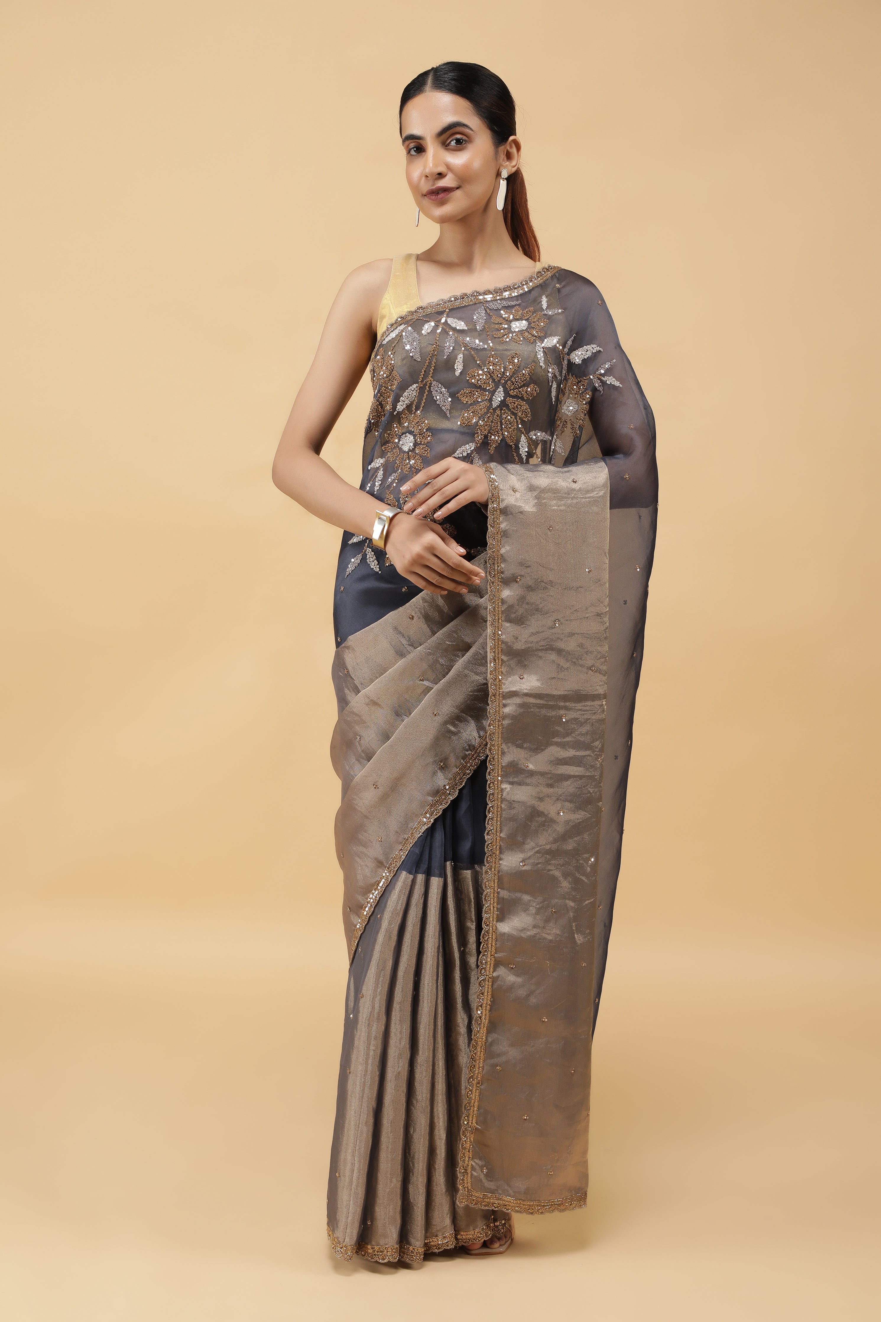Midnight Blue & Gold Organza-Tissu Saree with Sequins Work