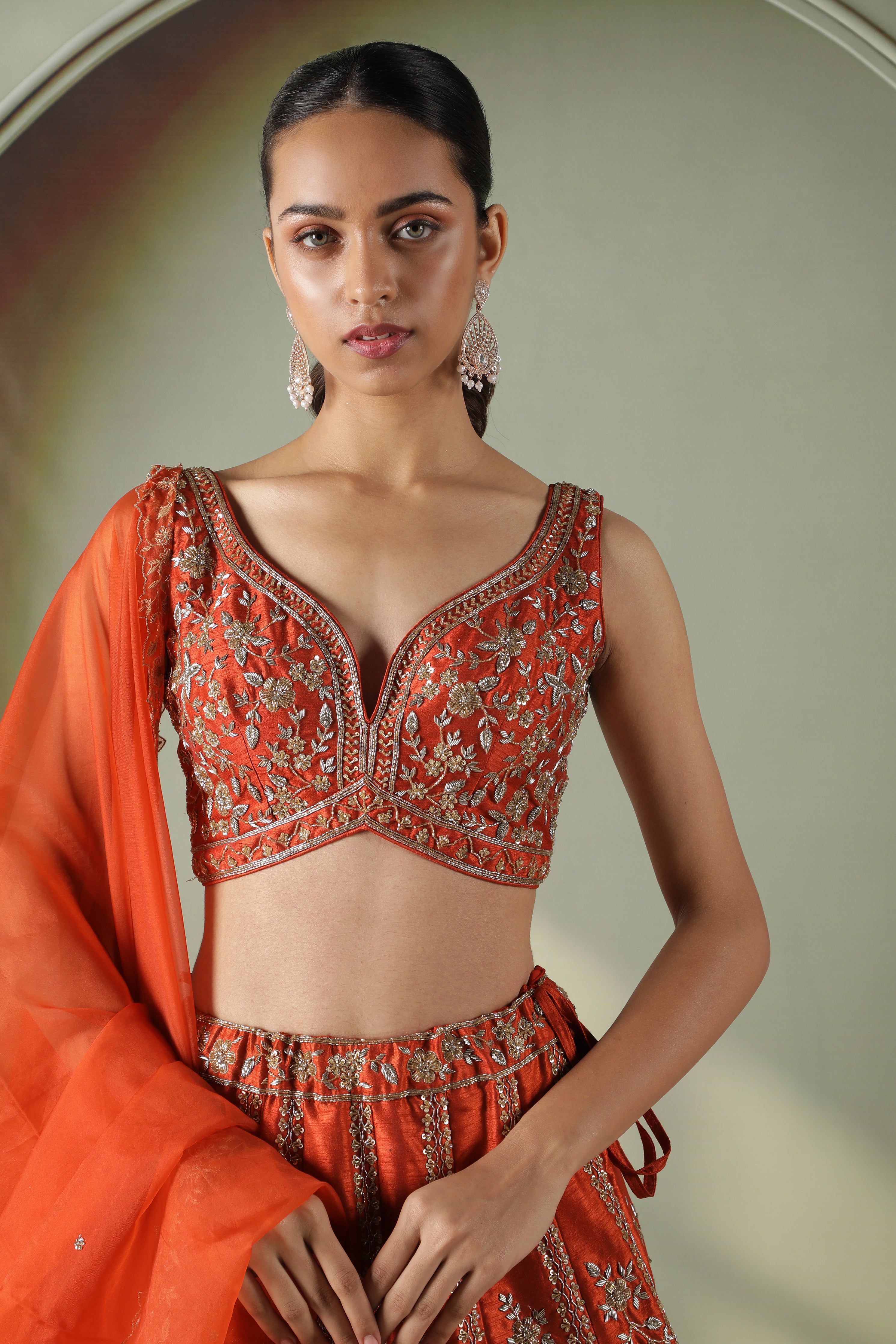 Rust Raw Silk Lehenga Set