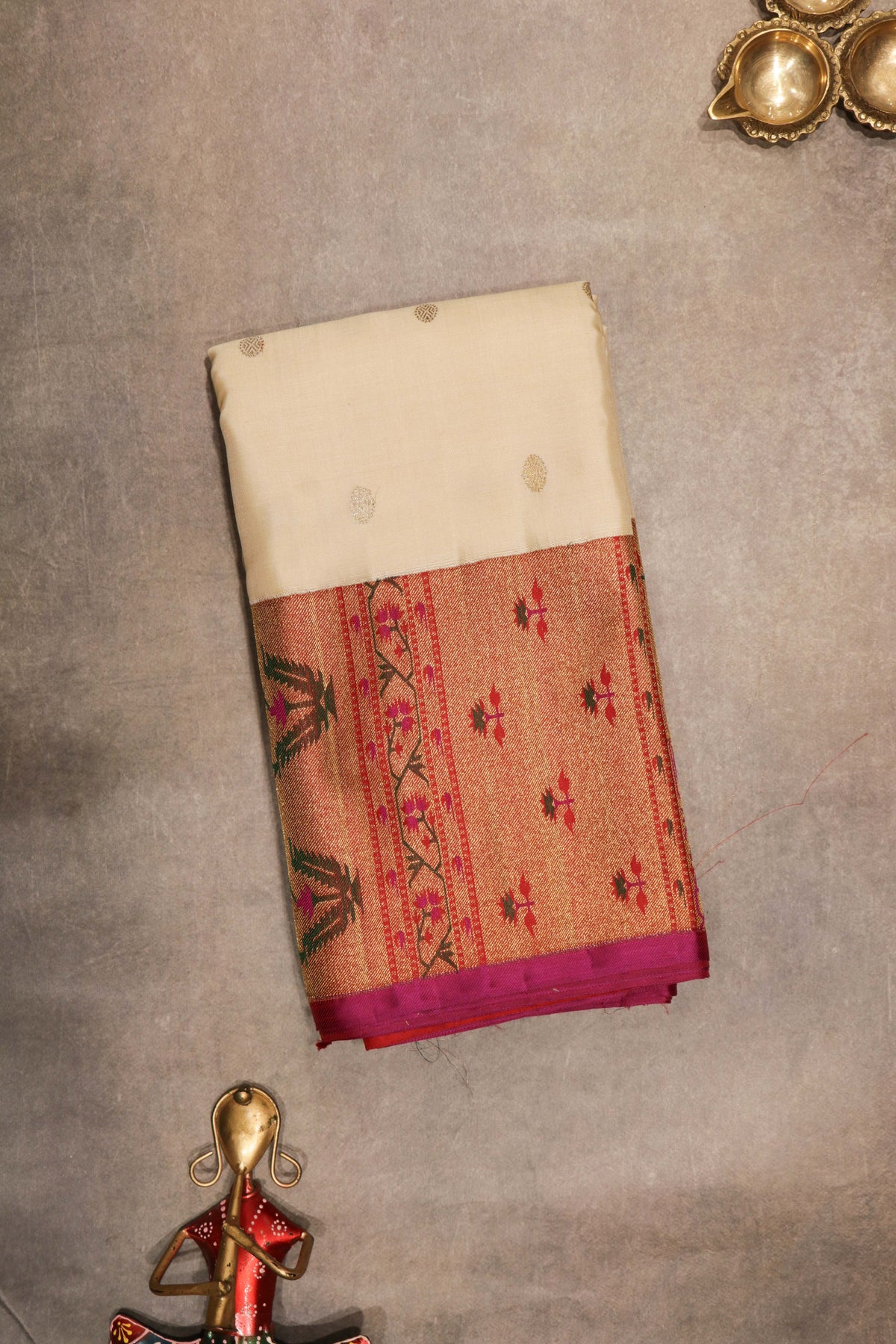 Cream Kanchivaram Silk Saree with Paithani Border