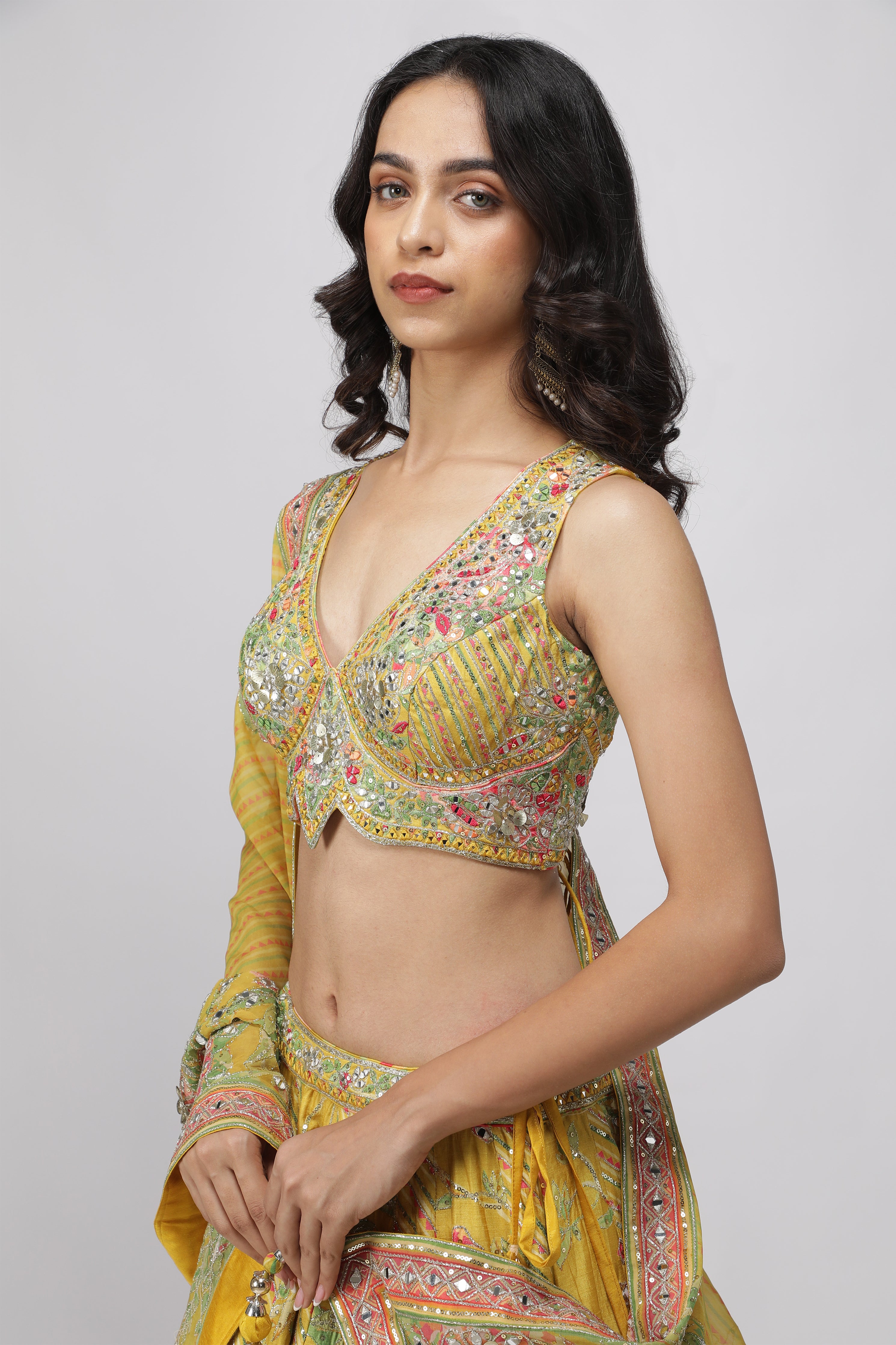 Yellow Silk Floral Printed Lehenga Set
