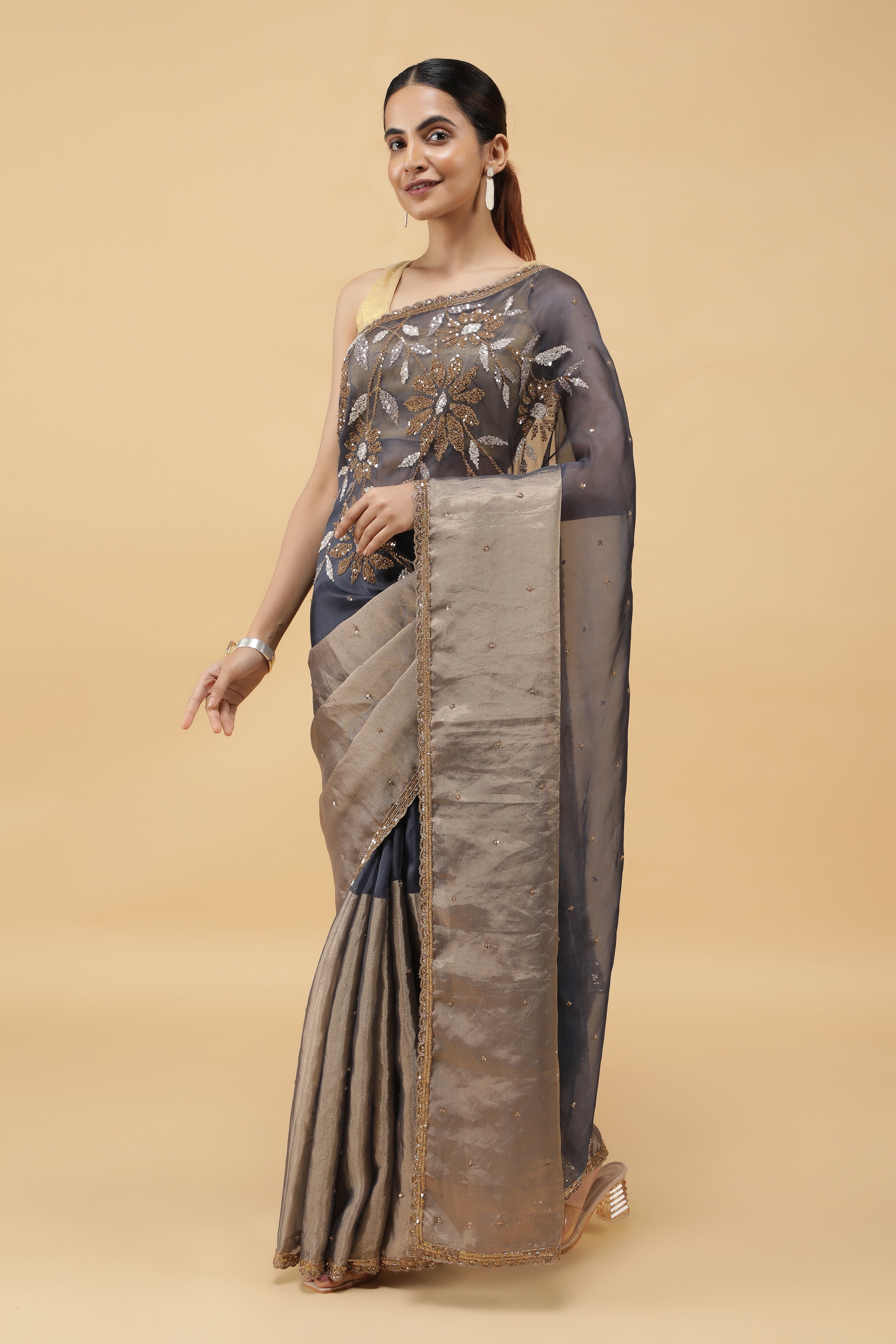 Midnight Blue & Gold Organza-Tissu Saree with Sequins Work