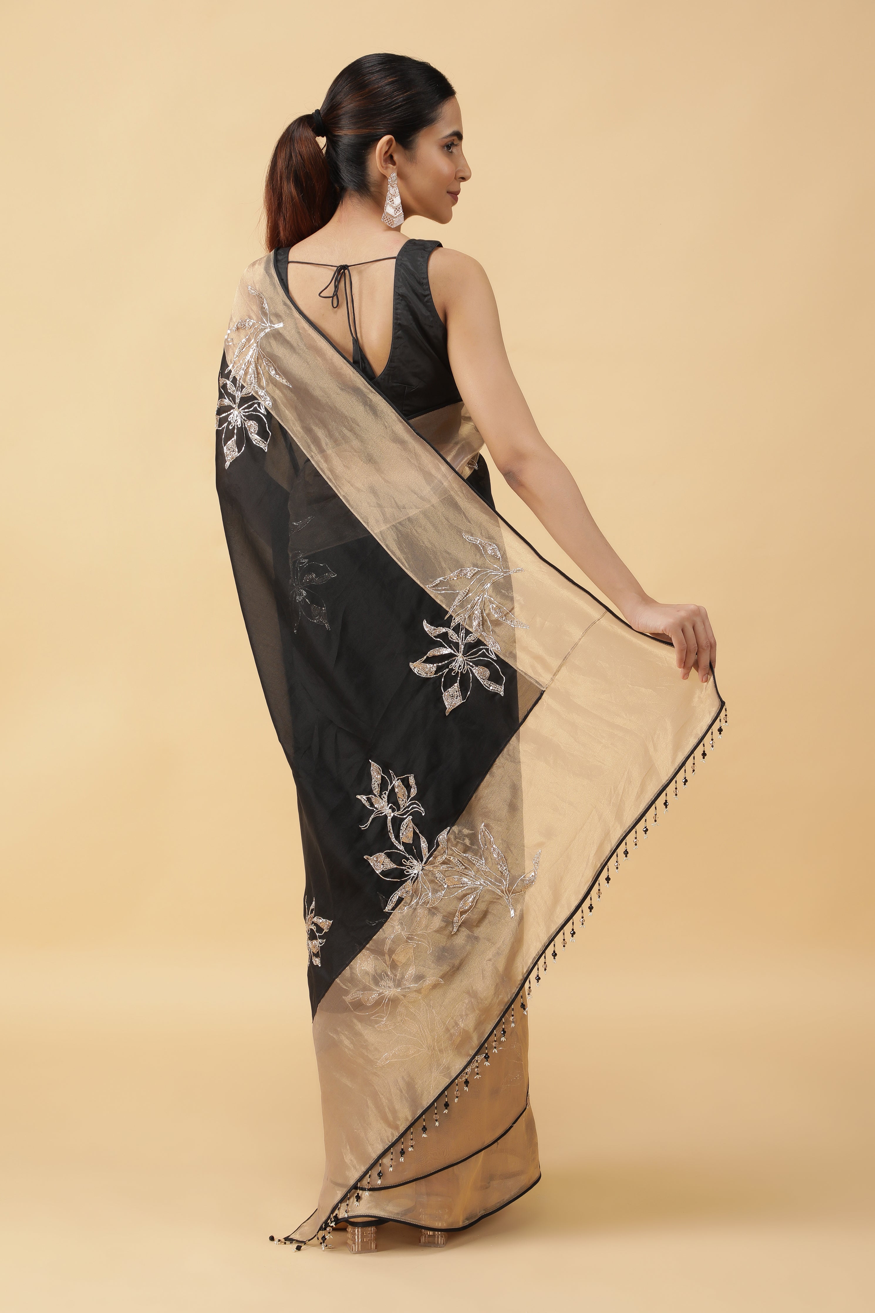 Black Organza Saree with Gold Tissue Border & Sequin Zari Motifs