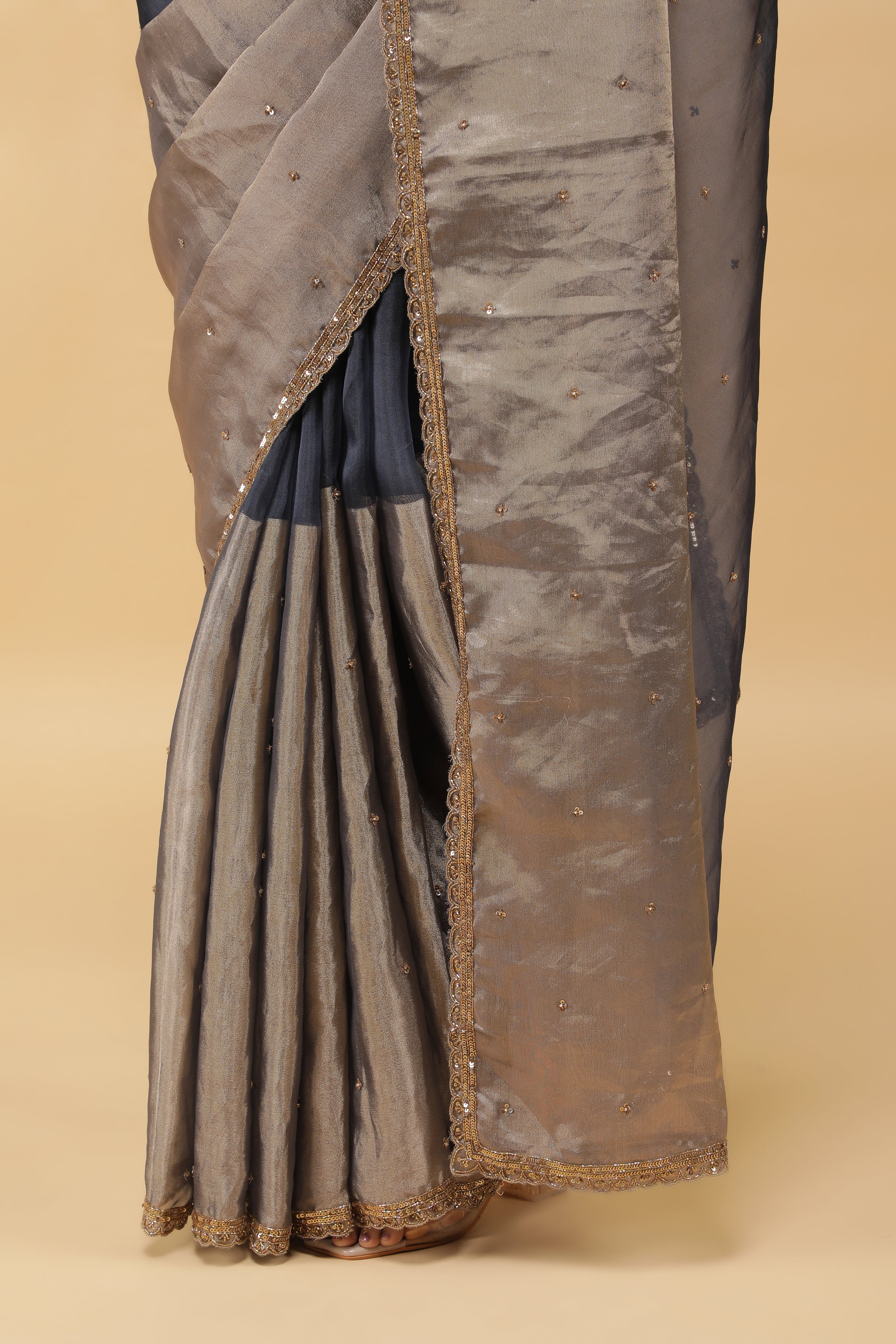 Midnight Blue & Gold Organza-Tissu Saree with Sequins Work