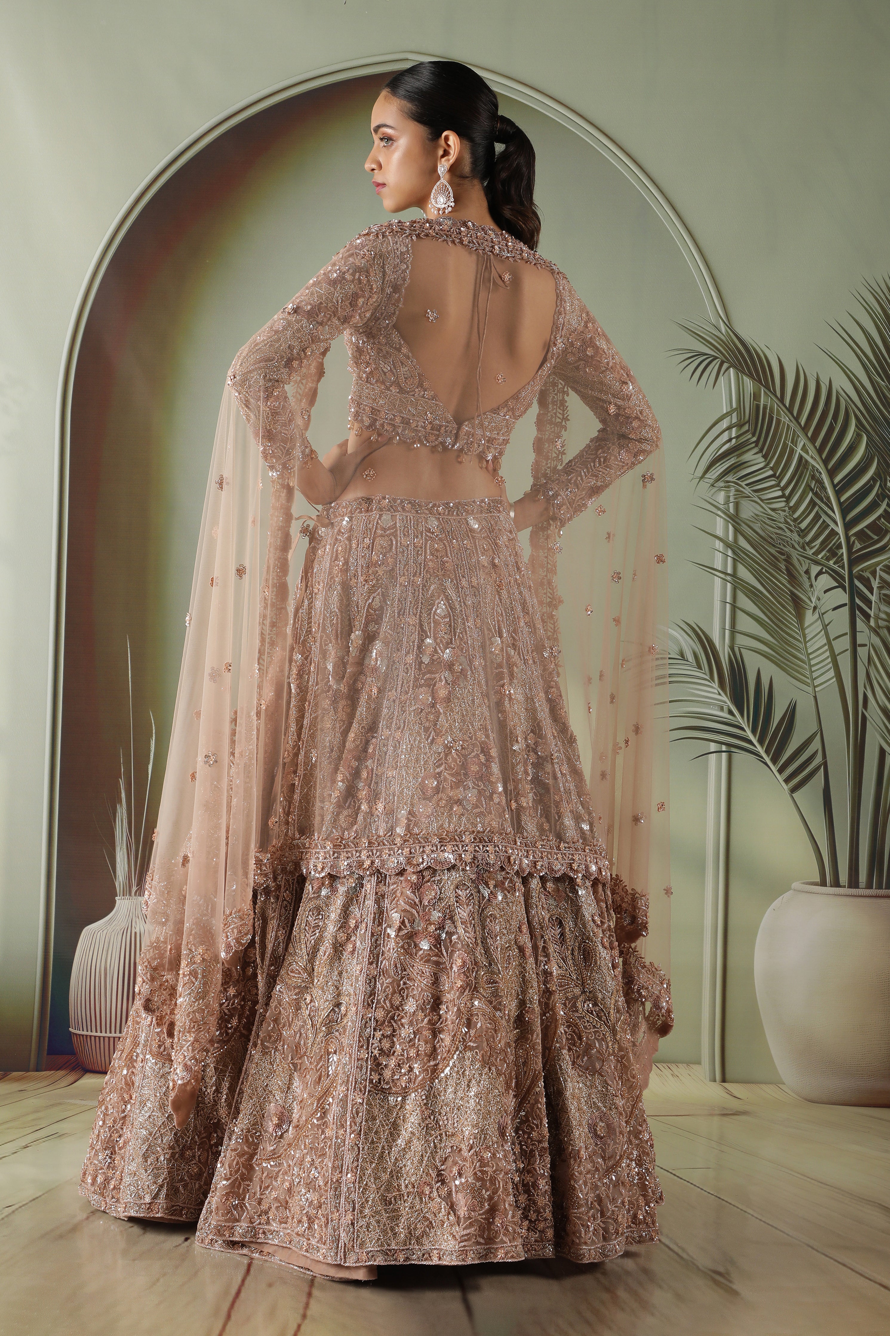 Antique Gold Heavily Embroidered Net Lehenga Set
