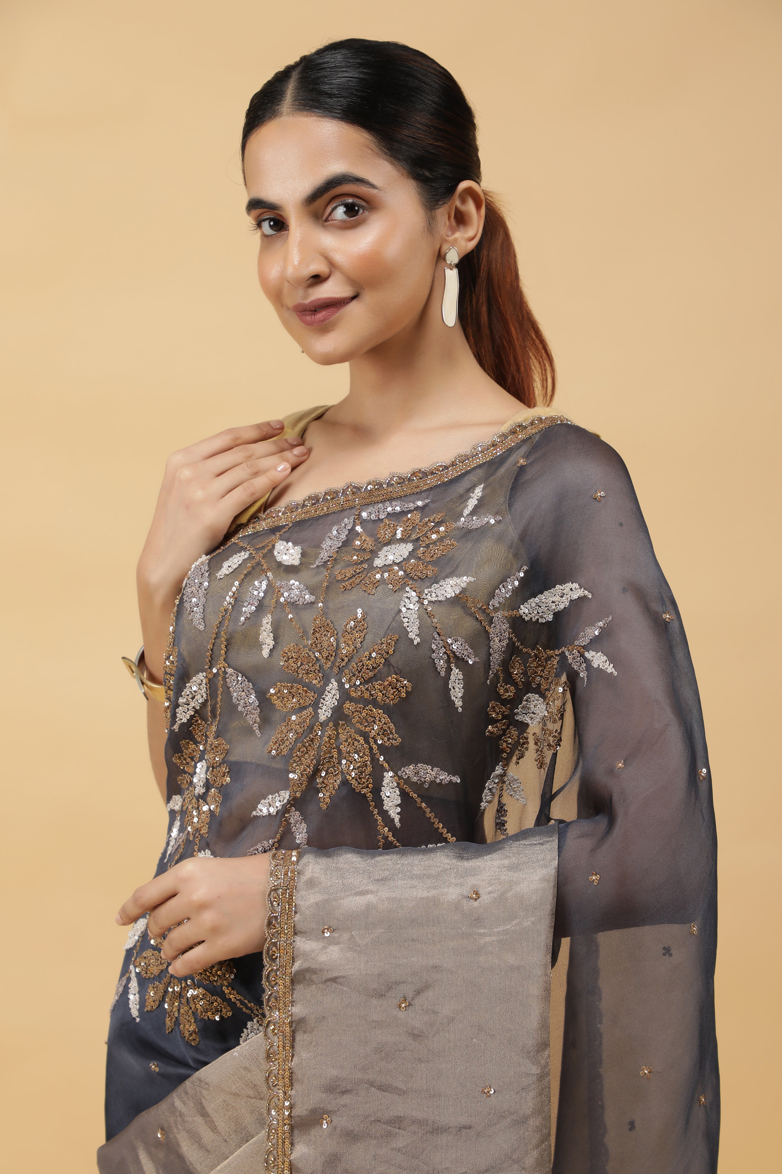 Midnight Blue & Gold Organza-Tissu Saree with Sequins Work