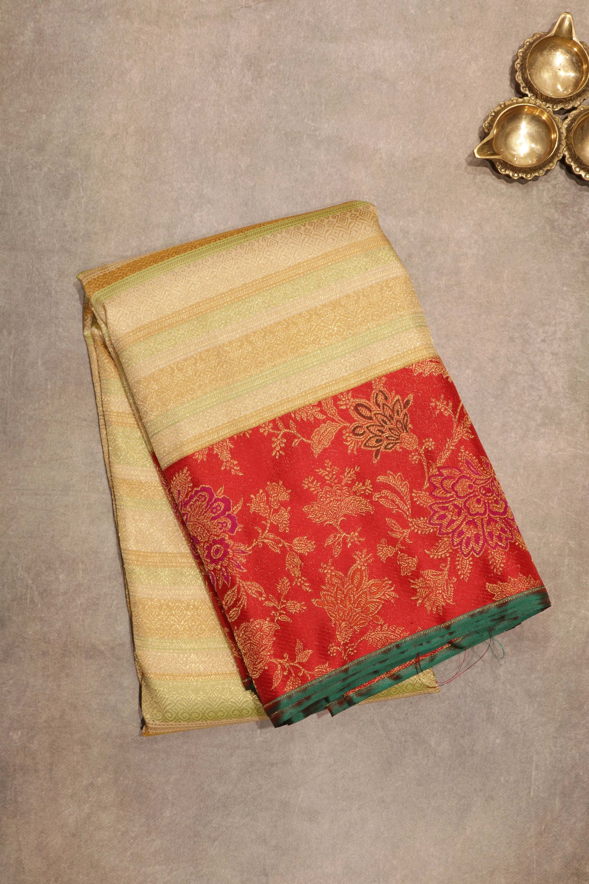 Ivory & Red Kanchivaram Brocade Silk Saree