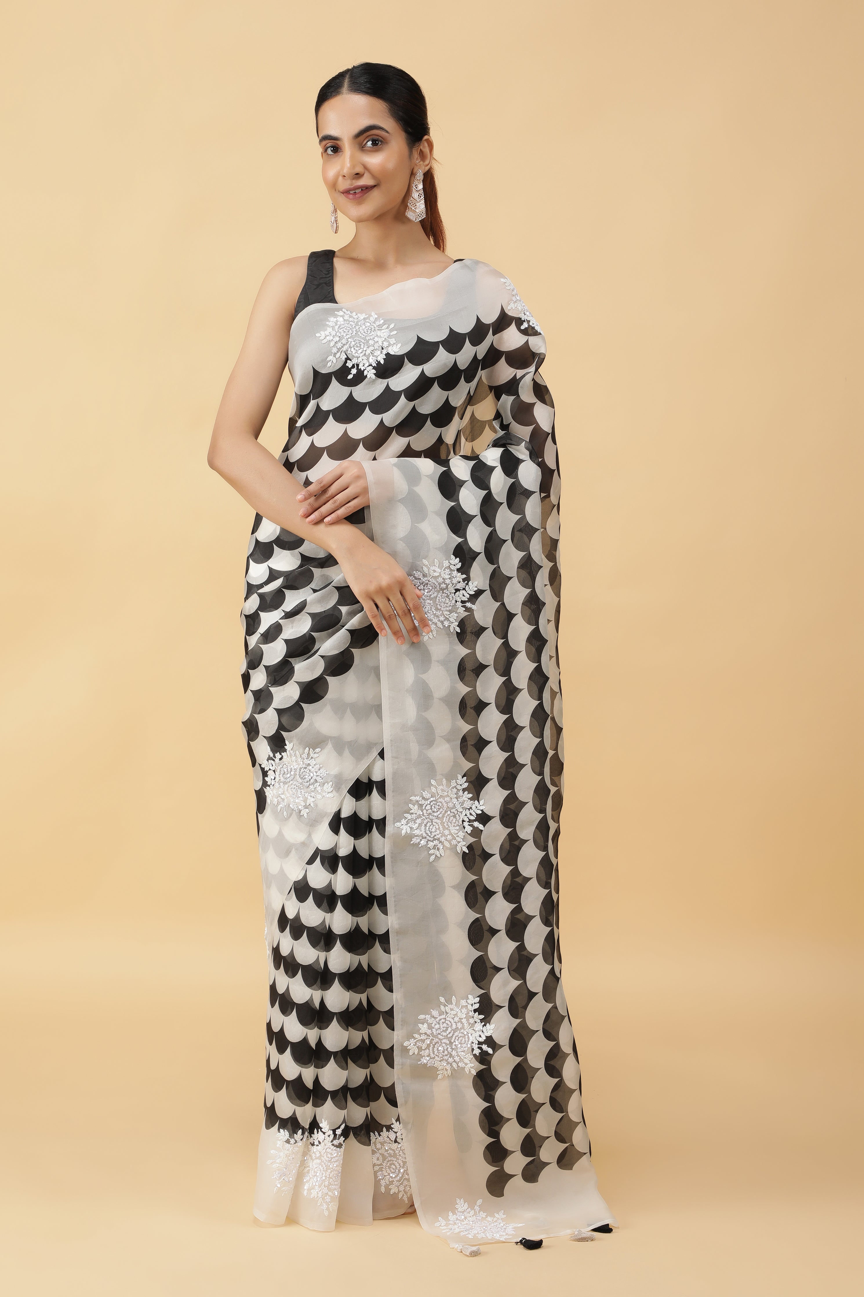 Black & White Kora Silk Saree with Sequin Embroidery