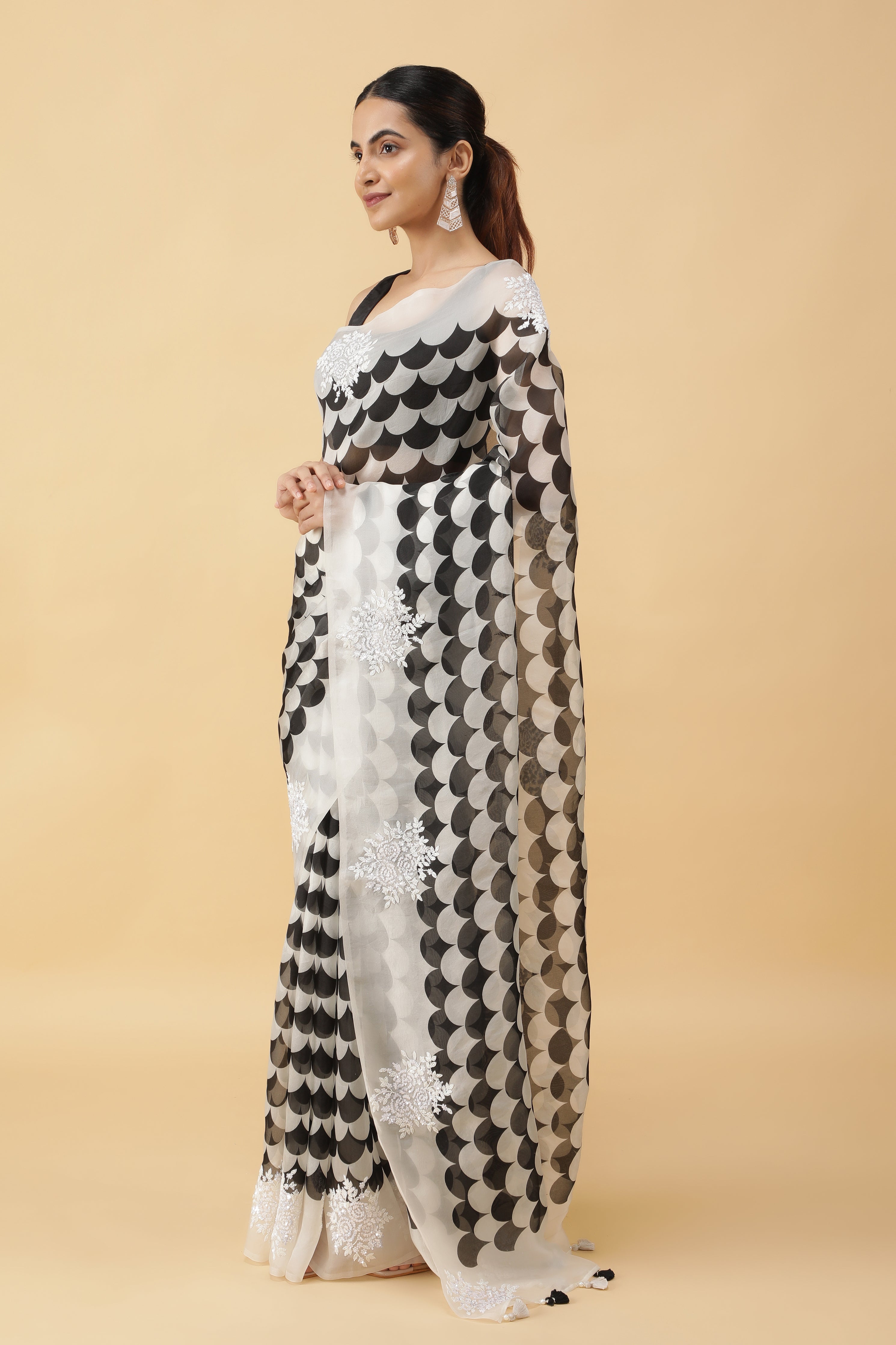 Black & White Kora Silk Saree with Sequin Embroidery