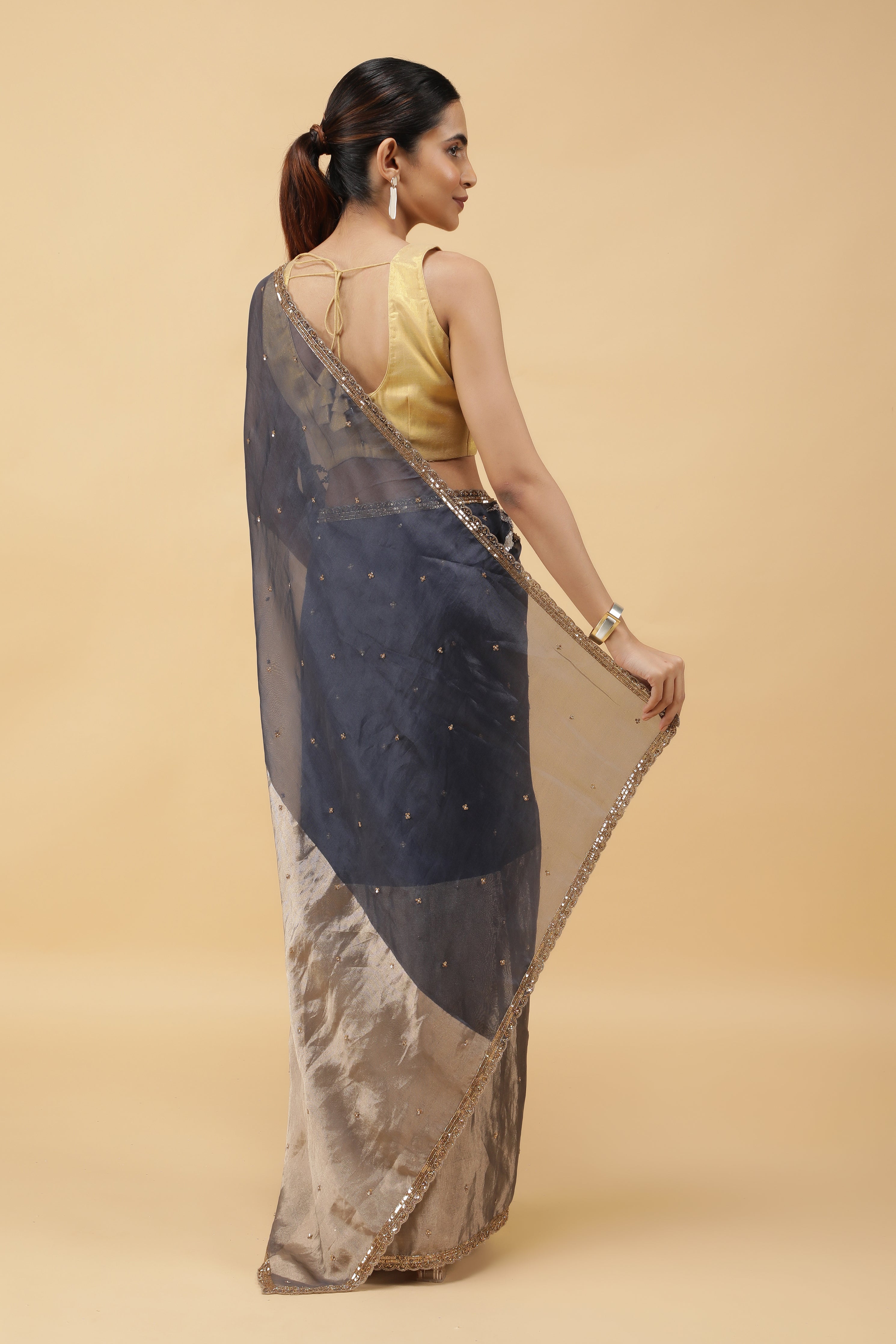 Midnight Blue & Gold Organza-Tissu Saree with Sequins Work