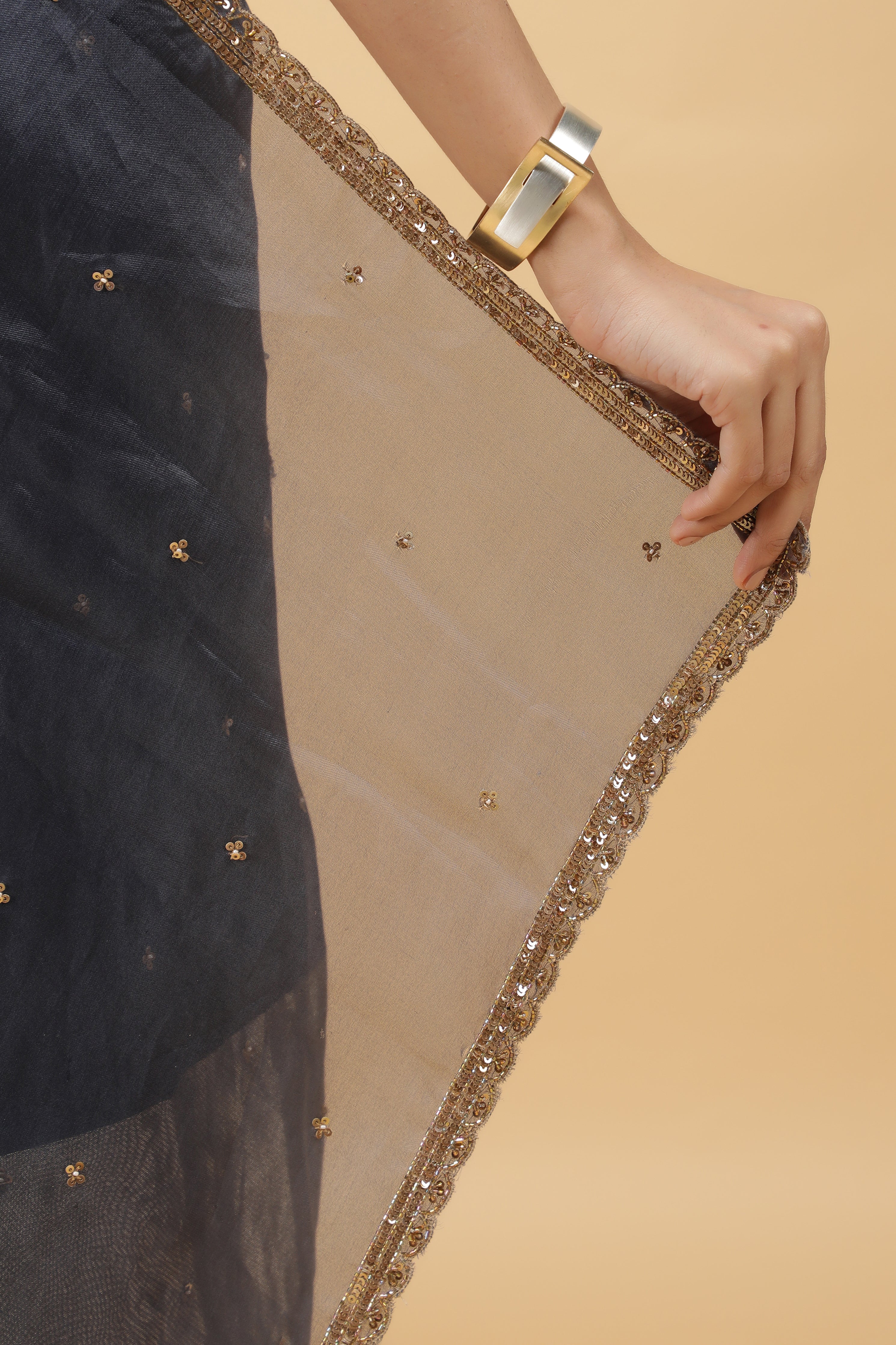 Midnight Blue & Gold Organza-Tissu Saree with Sequins Work