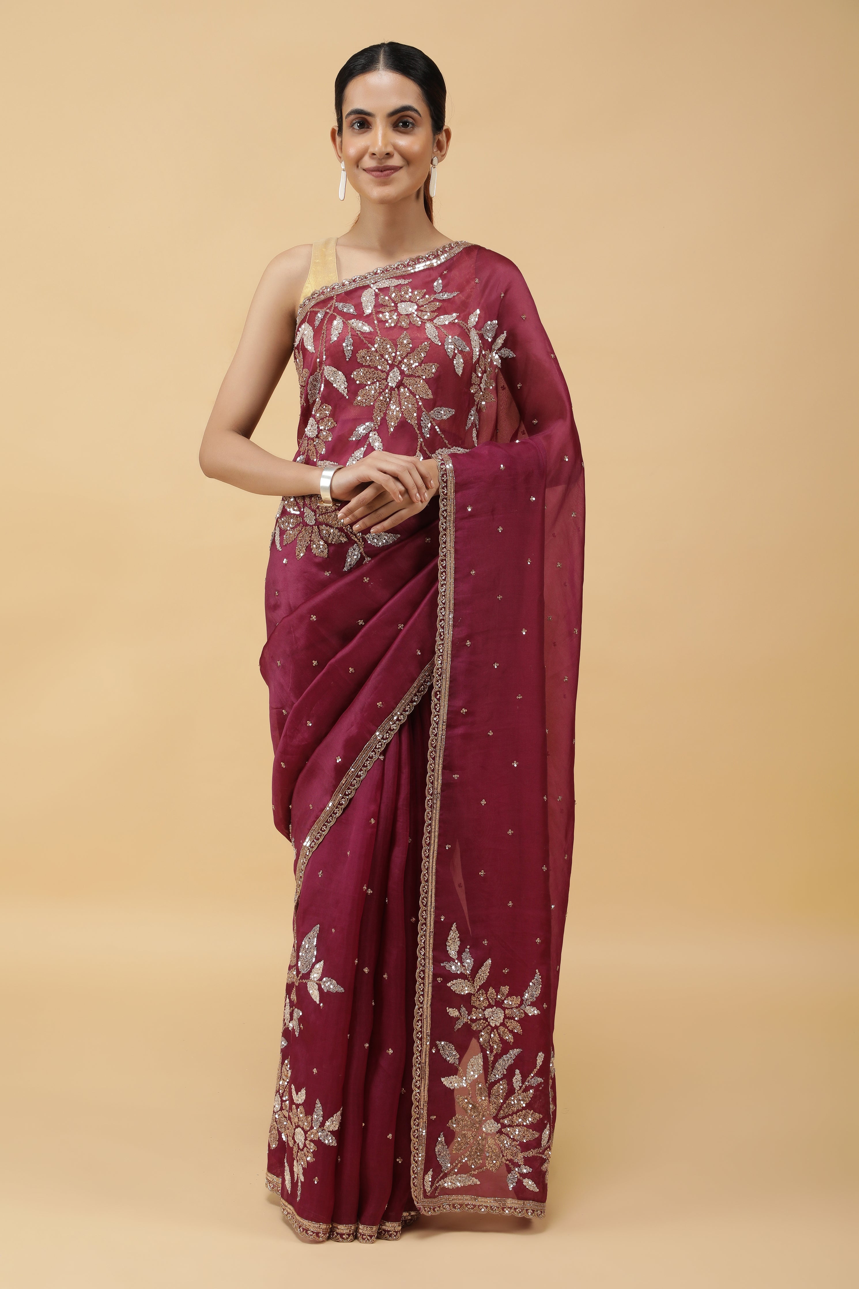 Wine  Organza Saree with Silver & Gold Sequin Embroidery