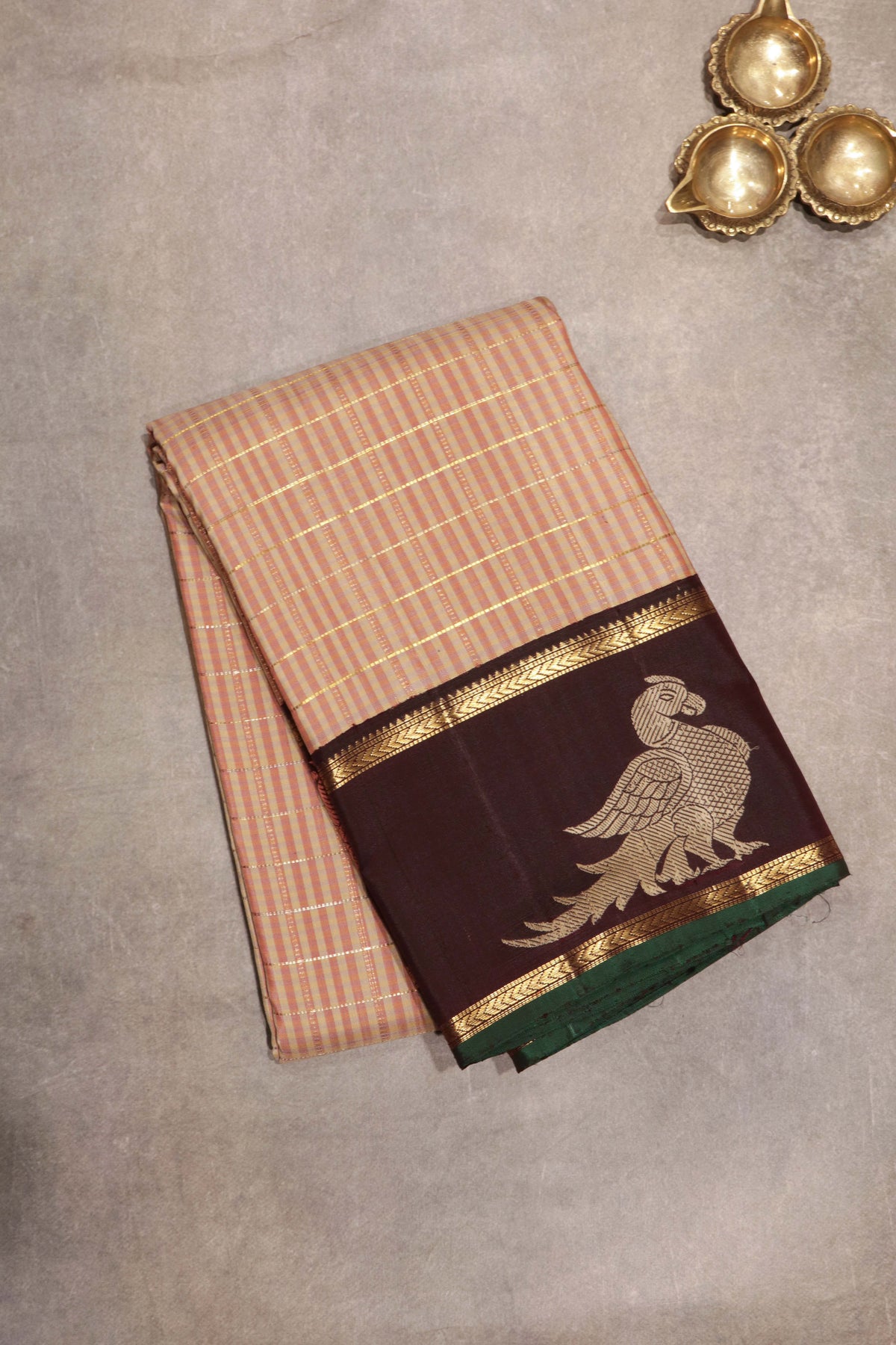 Beige Checked Kanchivaram Silk Saree