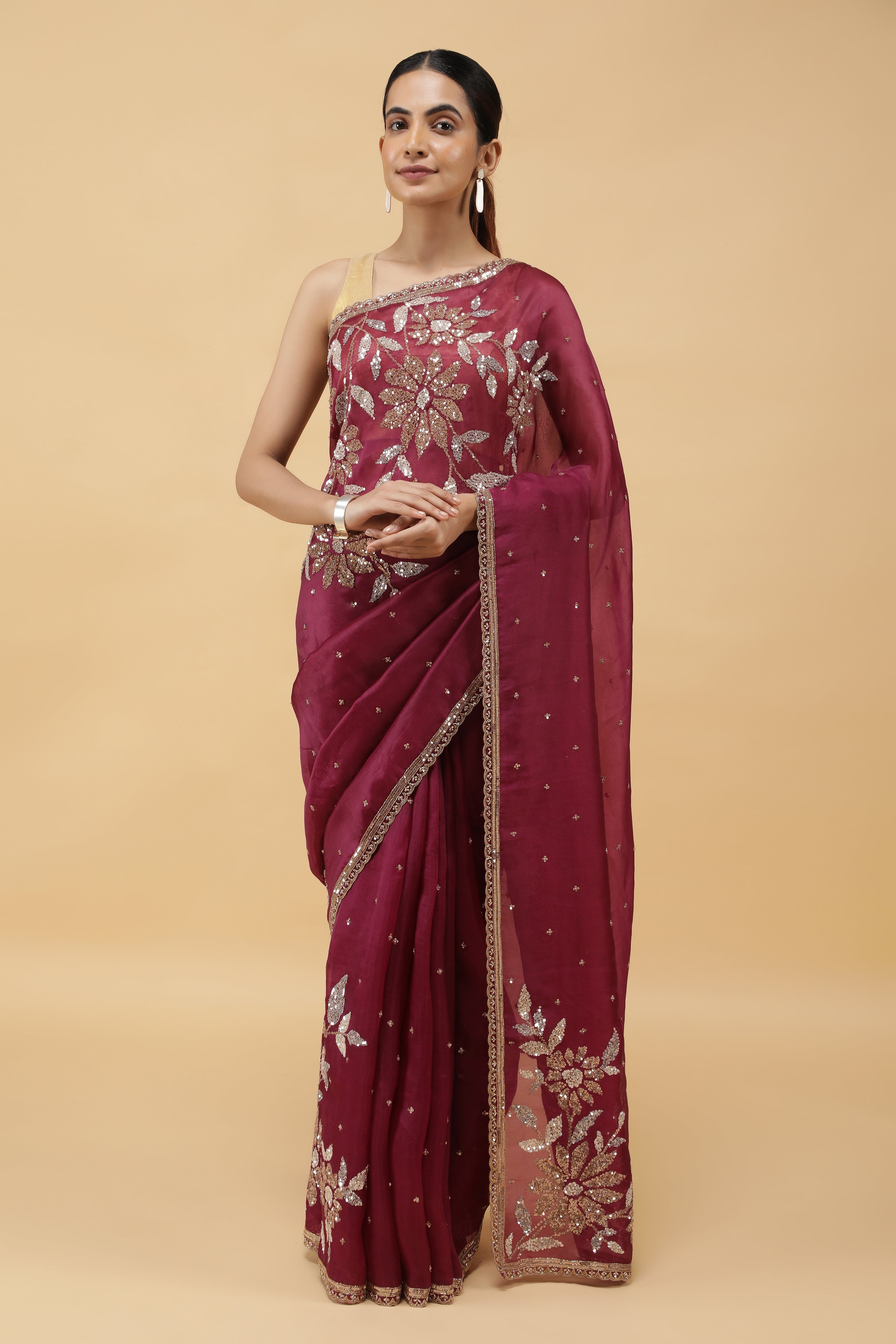 Wine  Organza Saree with Silver & Gold Sequin Embroidery