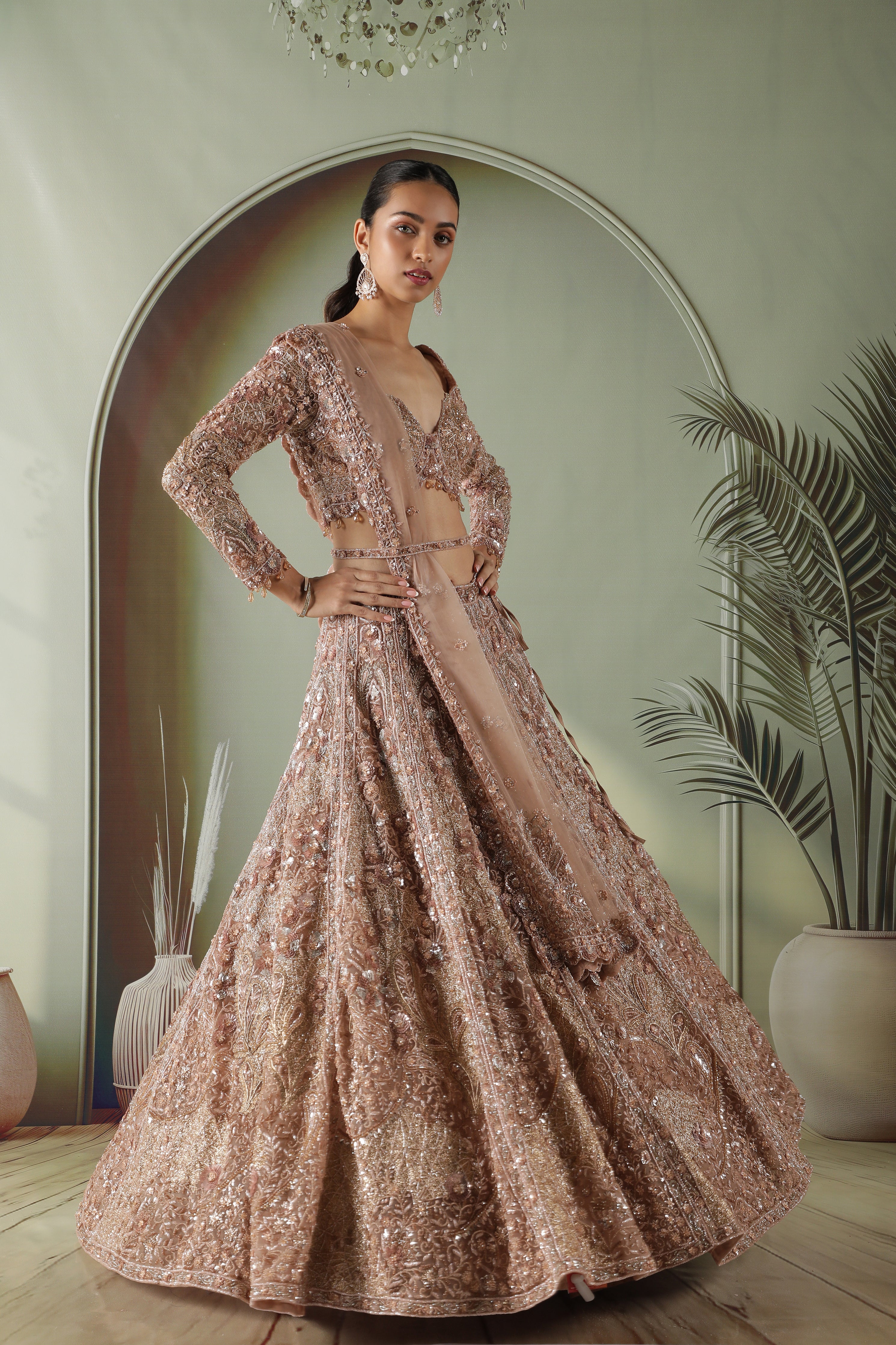 Antique Gold Heavily Embroidered Net Lehenga Set