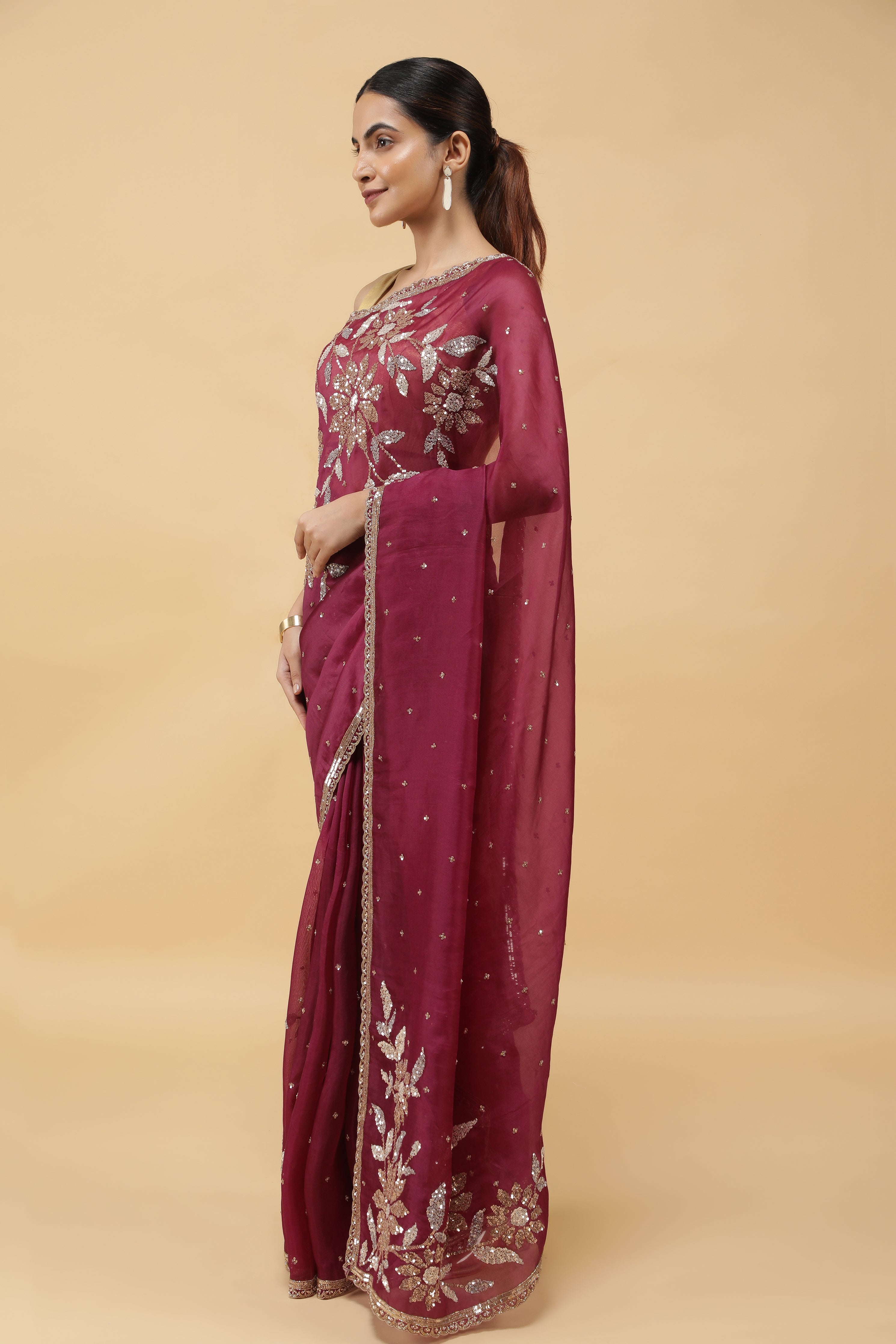 Wine  Organza Saree with Silver & Gold Sequin Embroidery