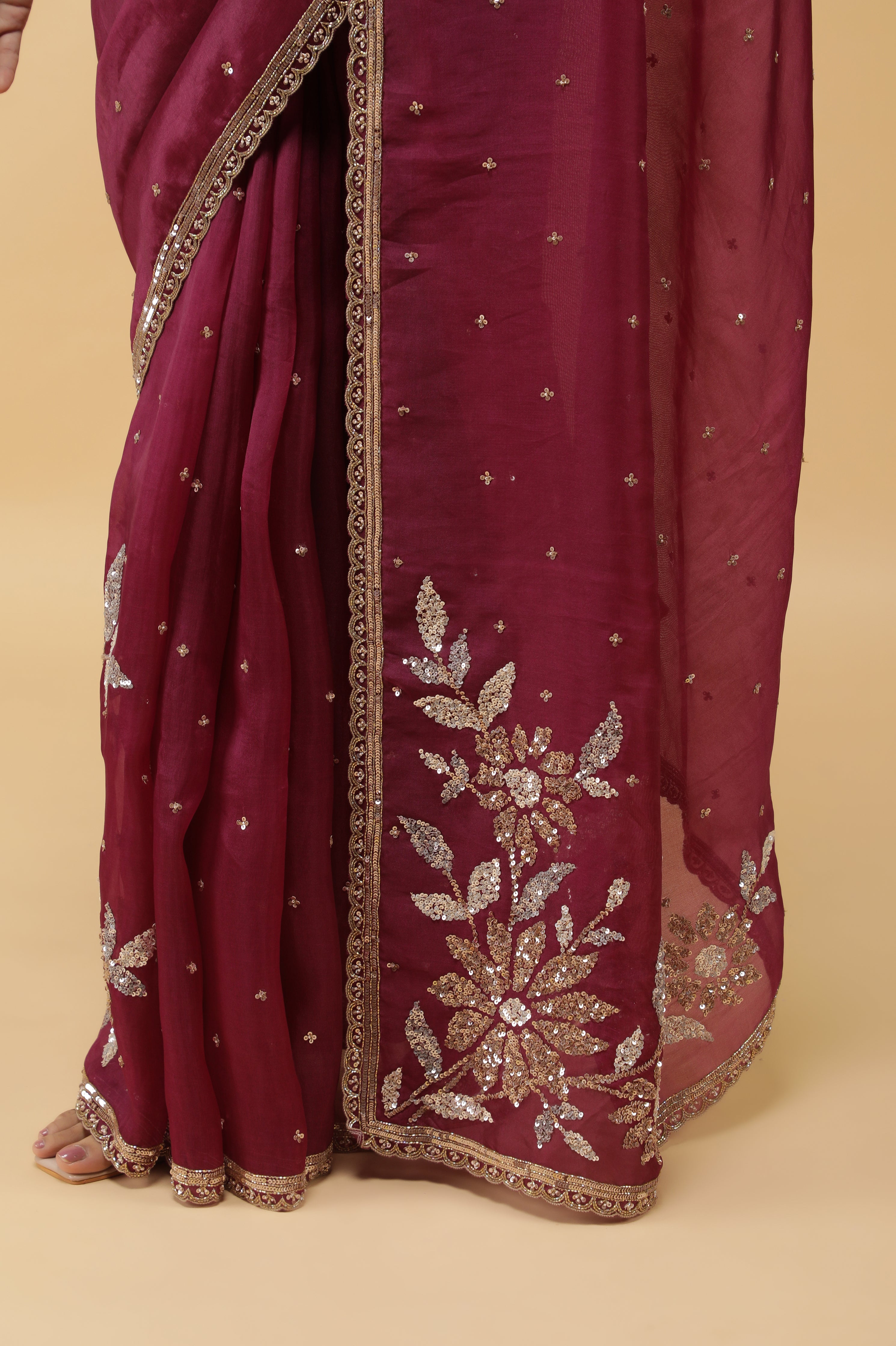 Wine  Organza Saree with Silver & Gold Sequin Embroidery
